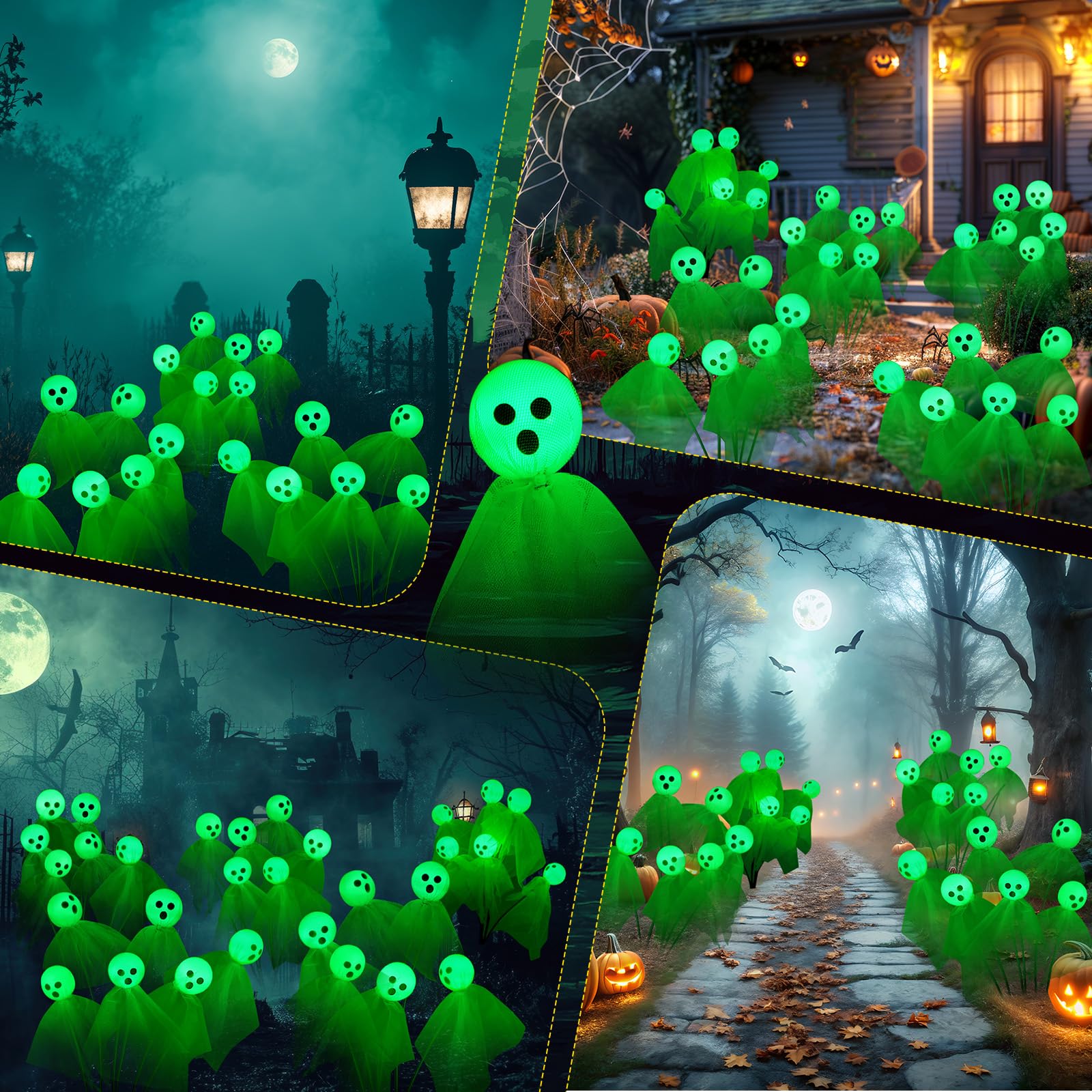 VIHOSE 2 Packs Halloween Decorations Outdoor Halloween Ghost Path Lights 12 LED Spooky Solar Lights Waterproof Solar Firefly Ghost Swaying Light for Outside Garden Lawn Yard Decors (Green)