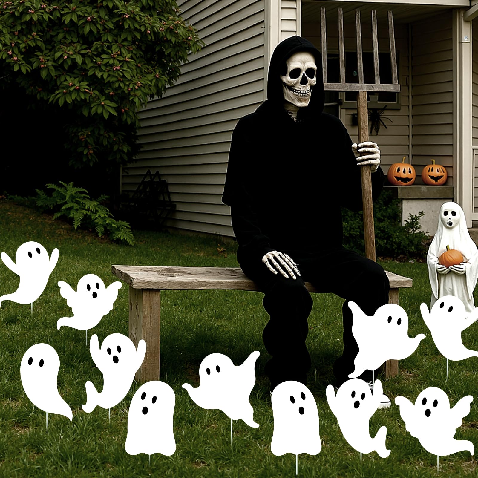 12PCS White Ghost Halloween Tree Picks – Cute Corrugated Plastic Ornaments for Indoor & Outdoor Decor