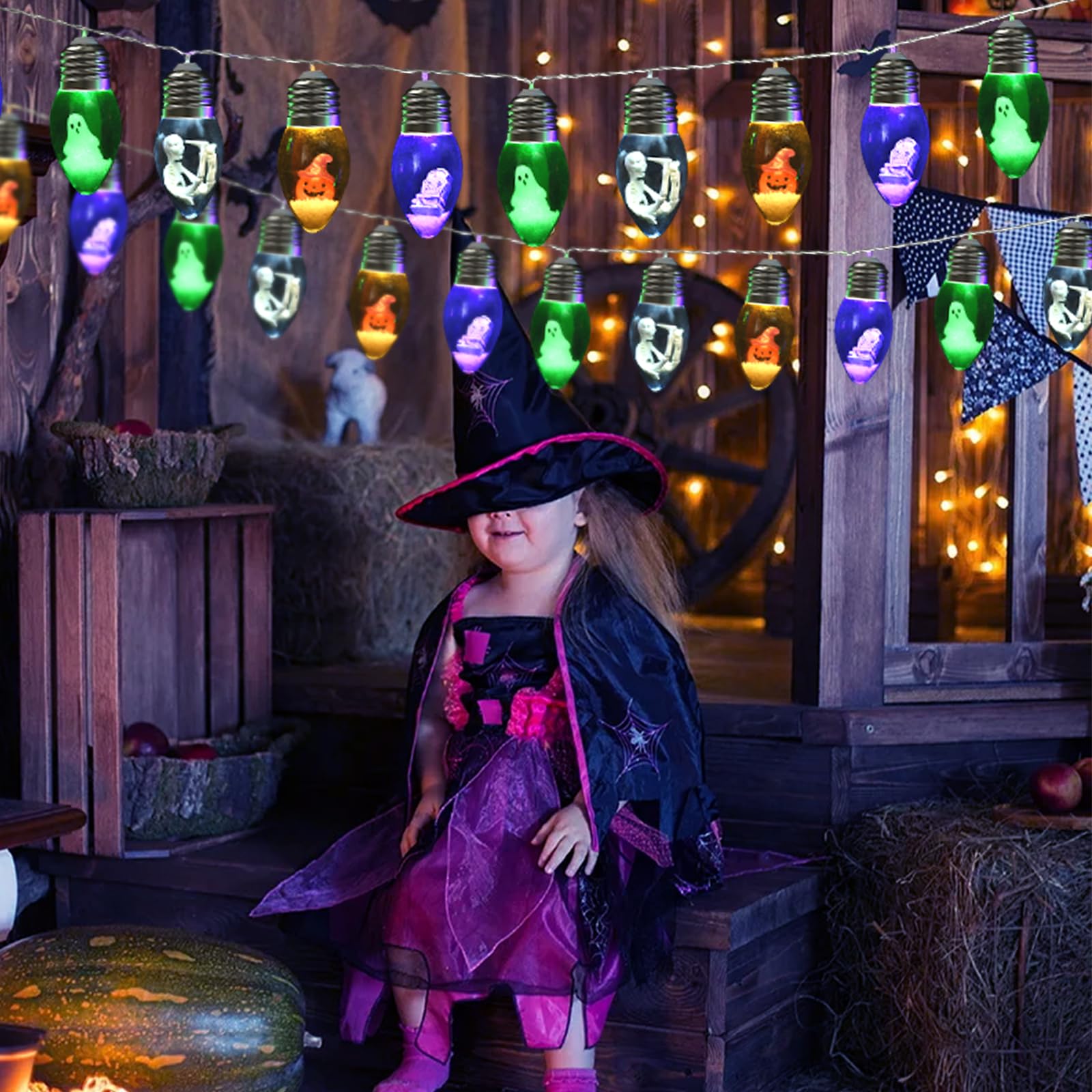 Colorful Halloween String Lights – 2 Pack 16.4FT Battery Operated LED Lights with Pumpkins, Skulls & Tombstones (8 Modes + Remote Control)