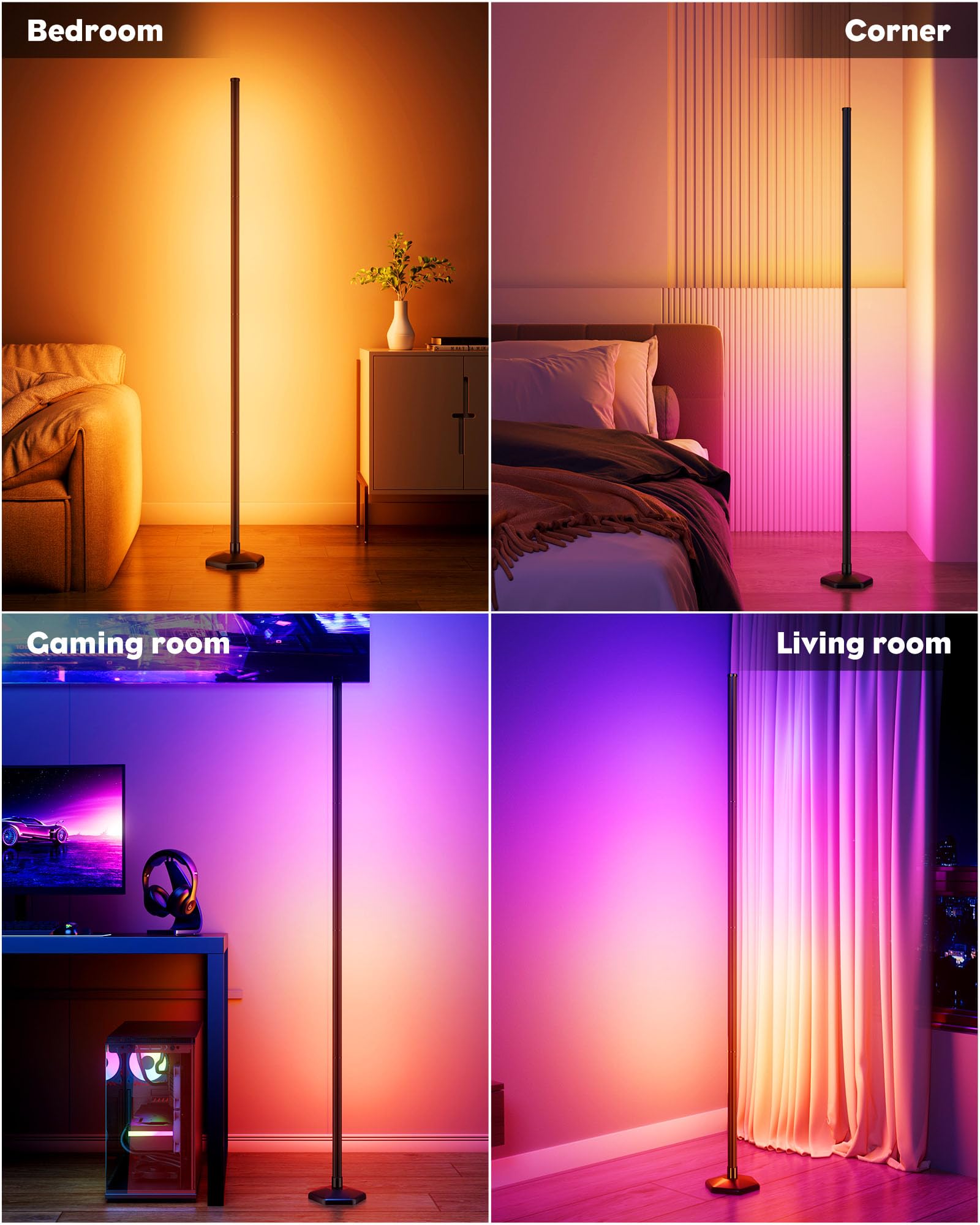RGB+IC Smart Corner Floor Lamps (2PCS Set) – 65” Dynamic LED Ambient Lighting with App & Music Sync – Black