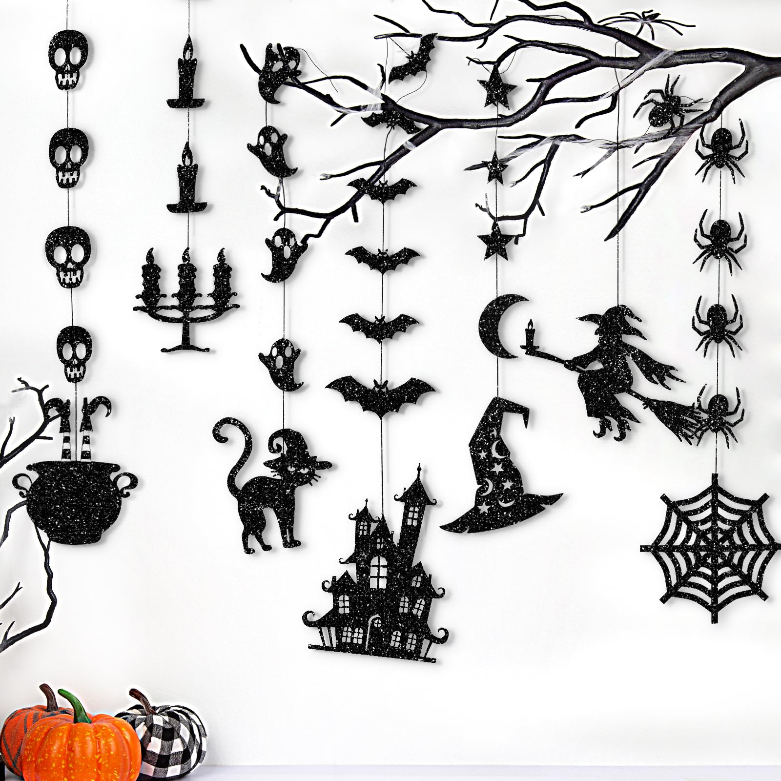 7PCS Glitter Black Halloween Garlands – Pre-Strung Hanging Decorations with Spiders, Bats & Witches