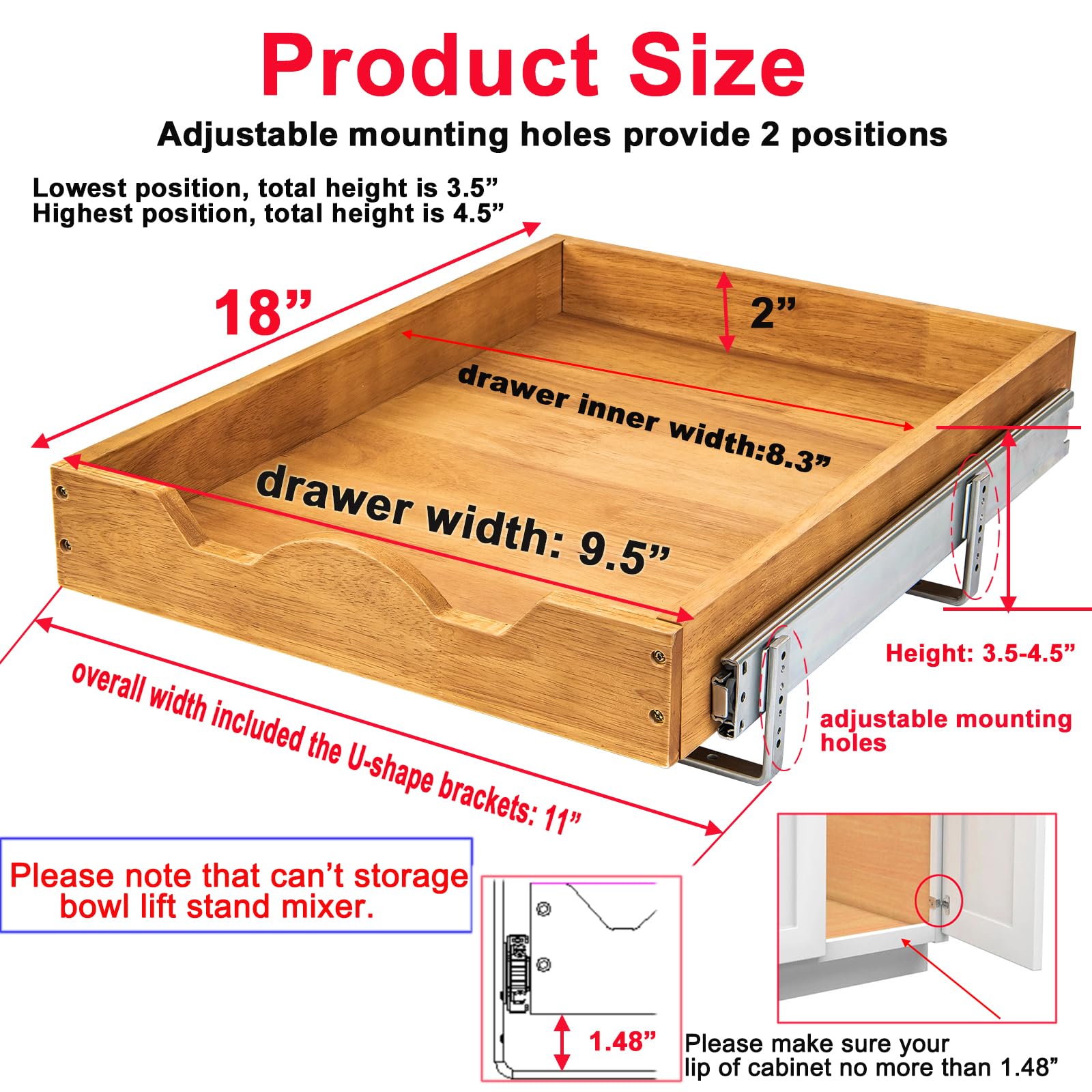 DINDON Compact Oak Wood Pull-Out Cabinet Shelf – Single-Tier Slide-Out Drawer for Narrow Kitchen Cabinets (1 Tier)