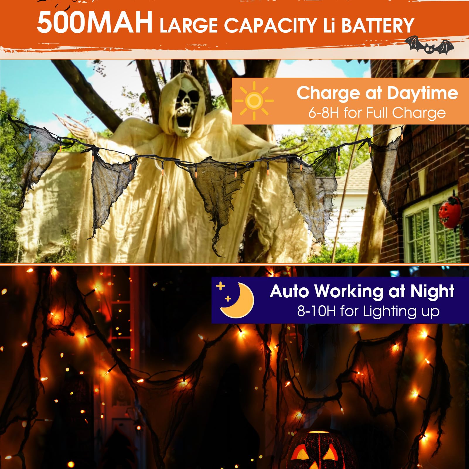 Halloween Solar Lights Outdoor – Black Cheesecloth with Orange LED Fairy Lights (23FT, 8 Modes, IP65 Waterproof)