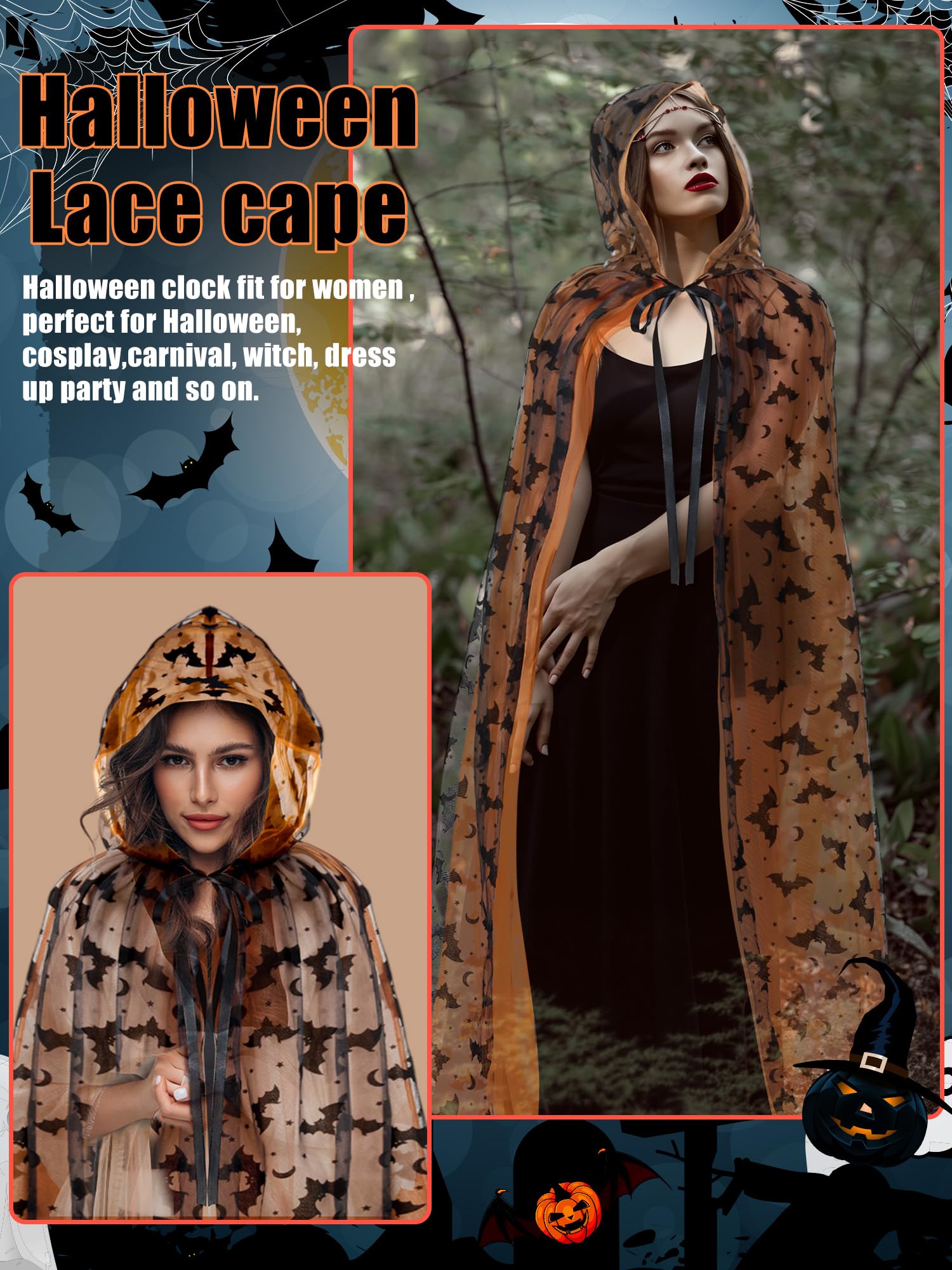 Orange Witch Lace Hooded Cape – Gothic Bat Pattern Halloween Cloak for Women
