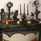 Black Lace Spider Web Mantel Scarf – Elegant Halloween Fireplace Decoration for Spooky Home Décor (18x96 Inches)