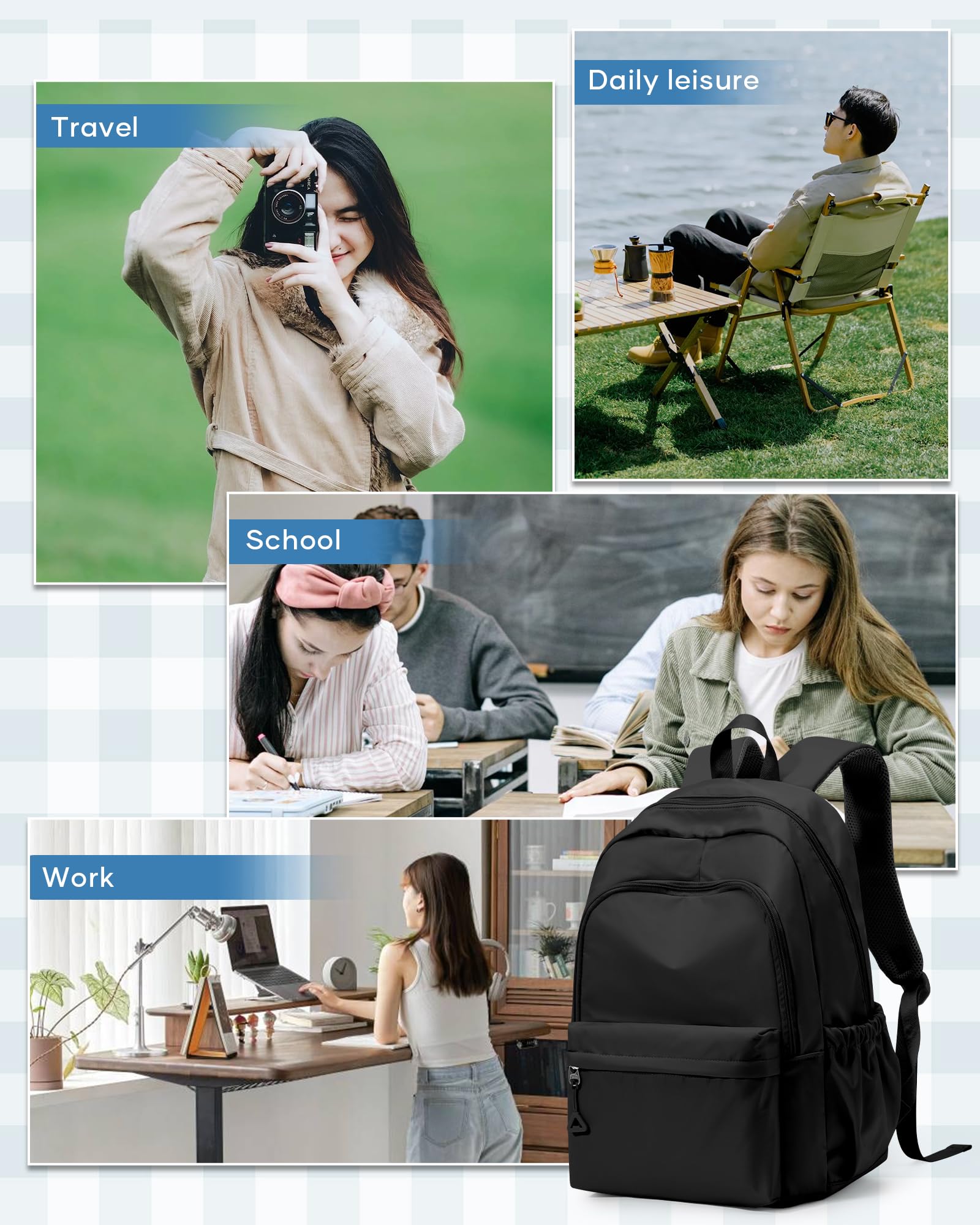 WINSPANSY Lightweight School Backpack for Teens & Adults – Water-Resistant Daypack with 14” Laptop Compartment (Black)