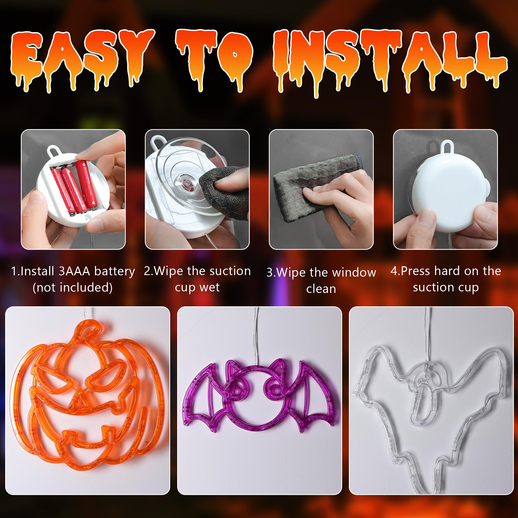 Halloween Window Lights Set – Battery-Operated LED Bat, Pumpkin & Ghost Designs with Timer & 2 Lighting Modes (Indoor/Outdoor)