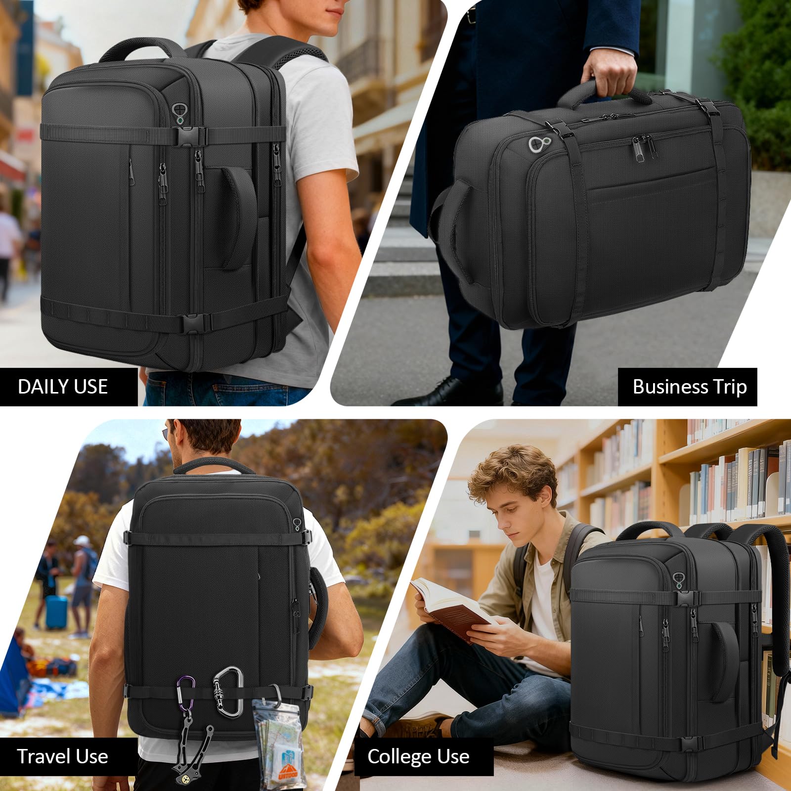 Expandable 40–50L Carry-On Travel Backpack with Lay-Flat Opening & USB Cable Port – Fits 17.3” – Black