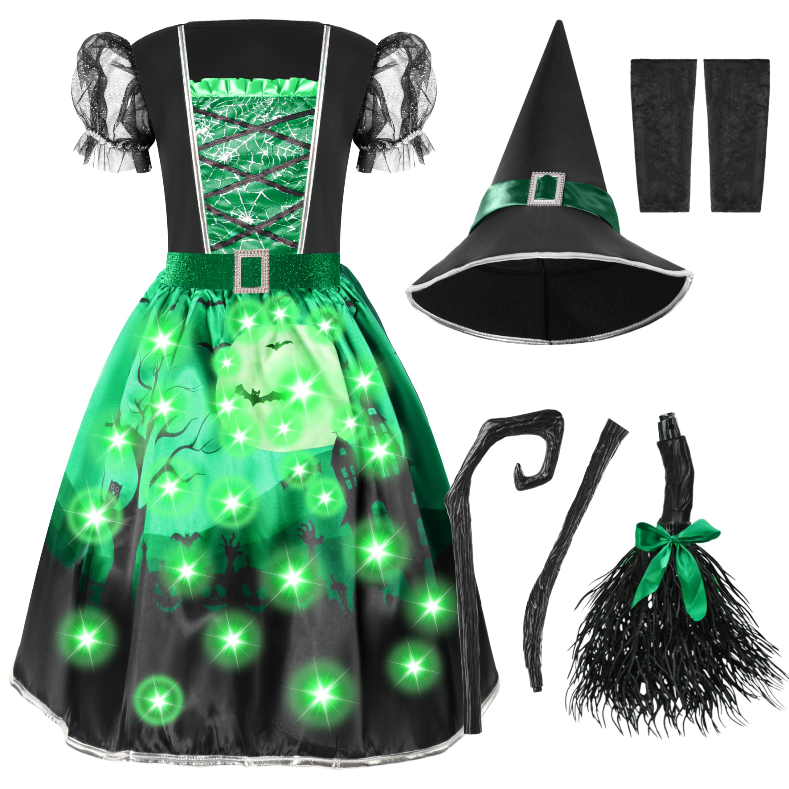 Green Light-Up Witch Costume for Girls – LED Halloween Dress Set with Hat, Broom & Accessories