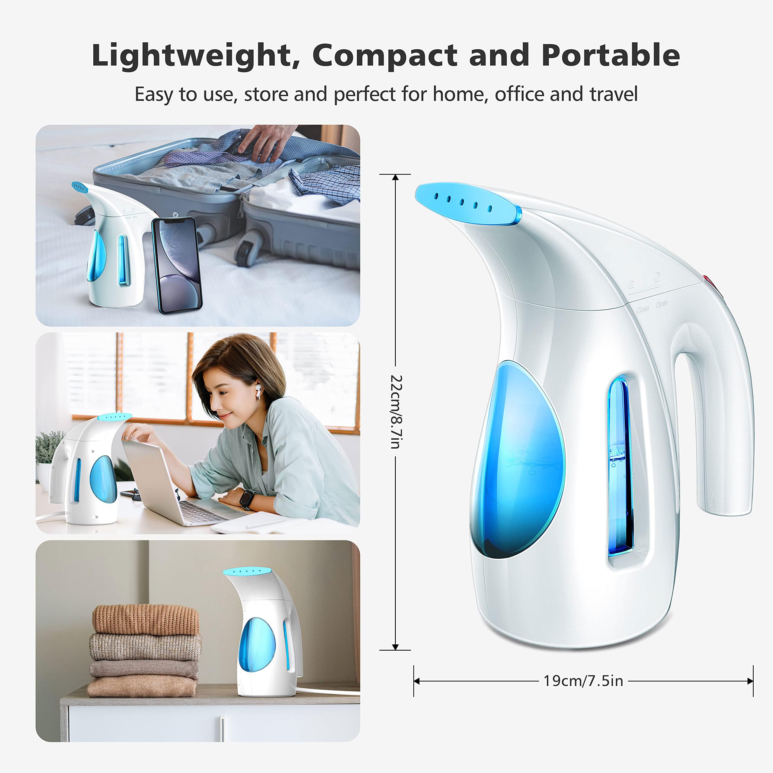 Hilife Maya Blue Portable Garment Steamer 700W Compact Travel Wrinkle Remover with Extended Reach Cord
