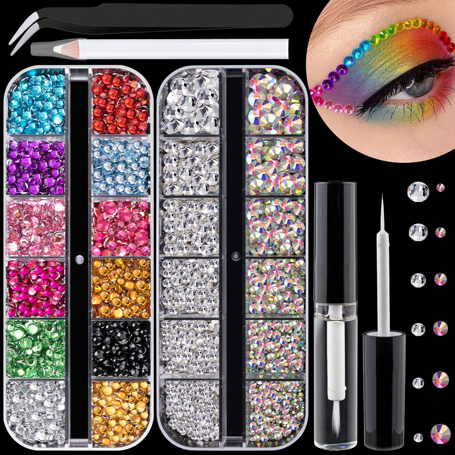 12-Color Rhinestone Nail Art Kit with AB & Clear Gems – 4500+ Crystals, Glue, Tweezer & Picker Pencil Set