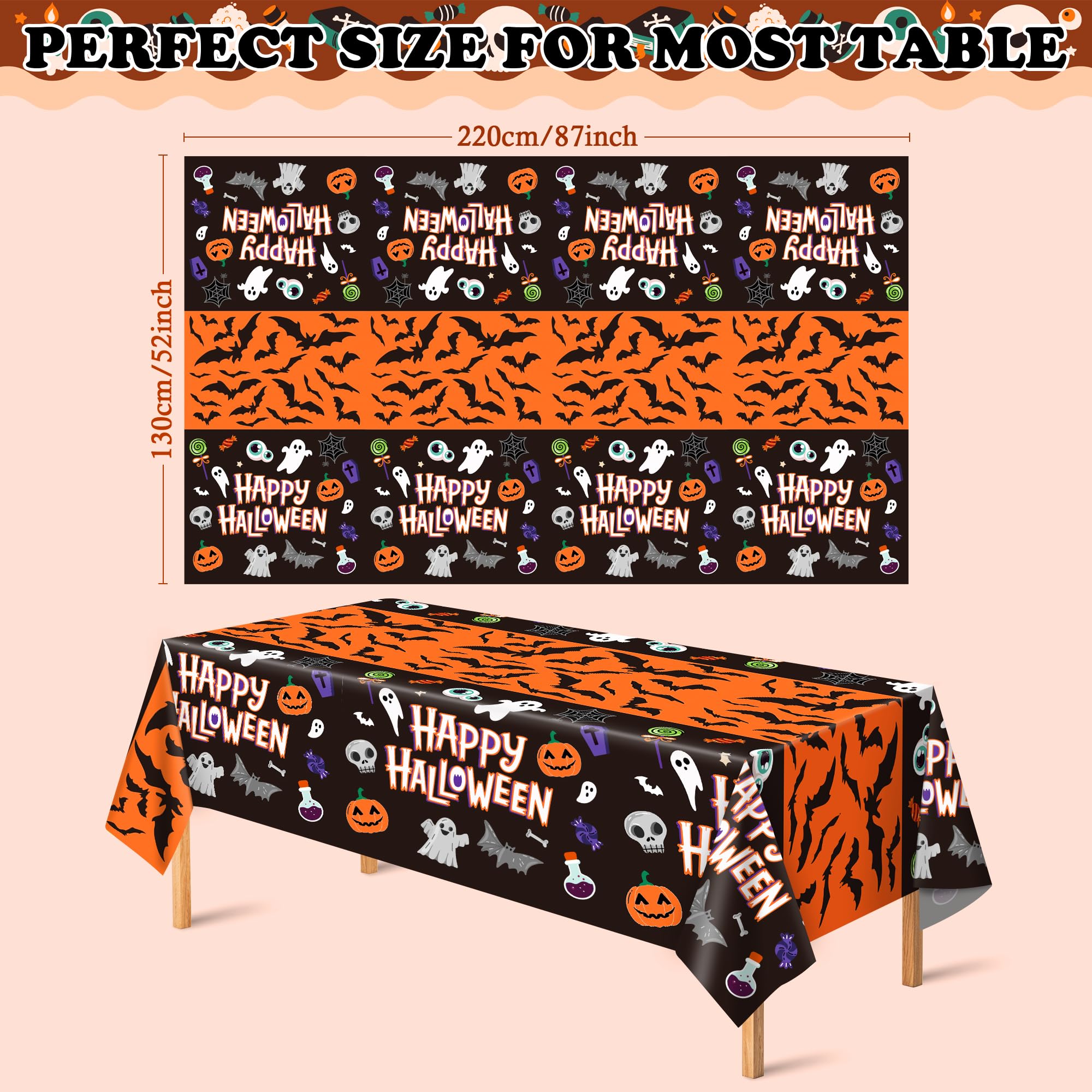 Halloween Tablecloths – Set of 2 Black Spooky Polyester Table Covers with Ghost, Bat & Pumpkin Prints (86.6x51.2 Inches)