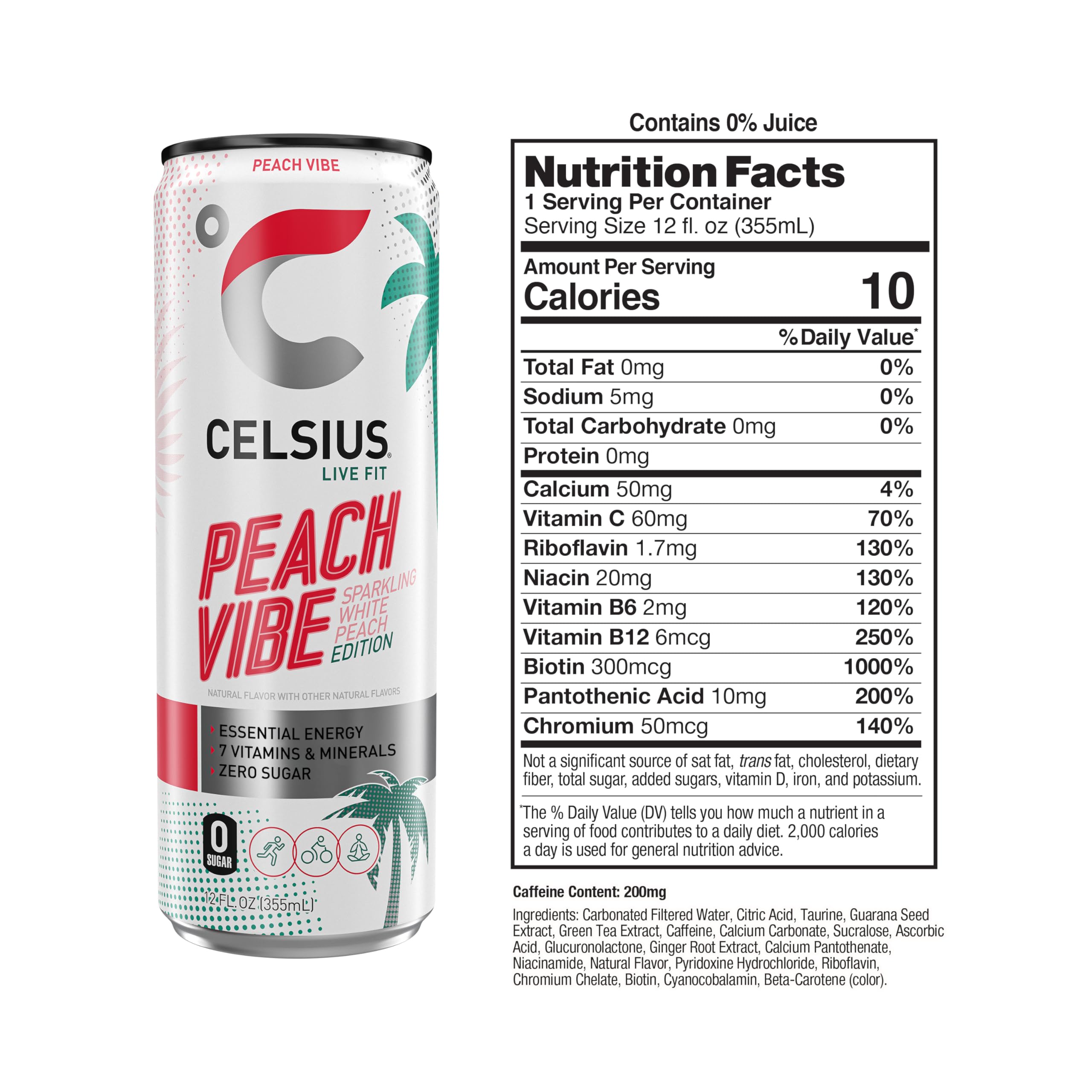 CELSIUS Sparkling Peach Vibe Energy Drink, Sugar-Free with 200mg Caffeine & Essential Vitamins – Tropical Fitness Energy, 12 Pack