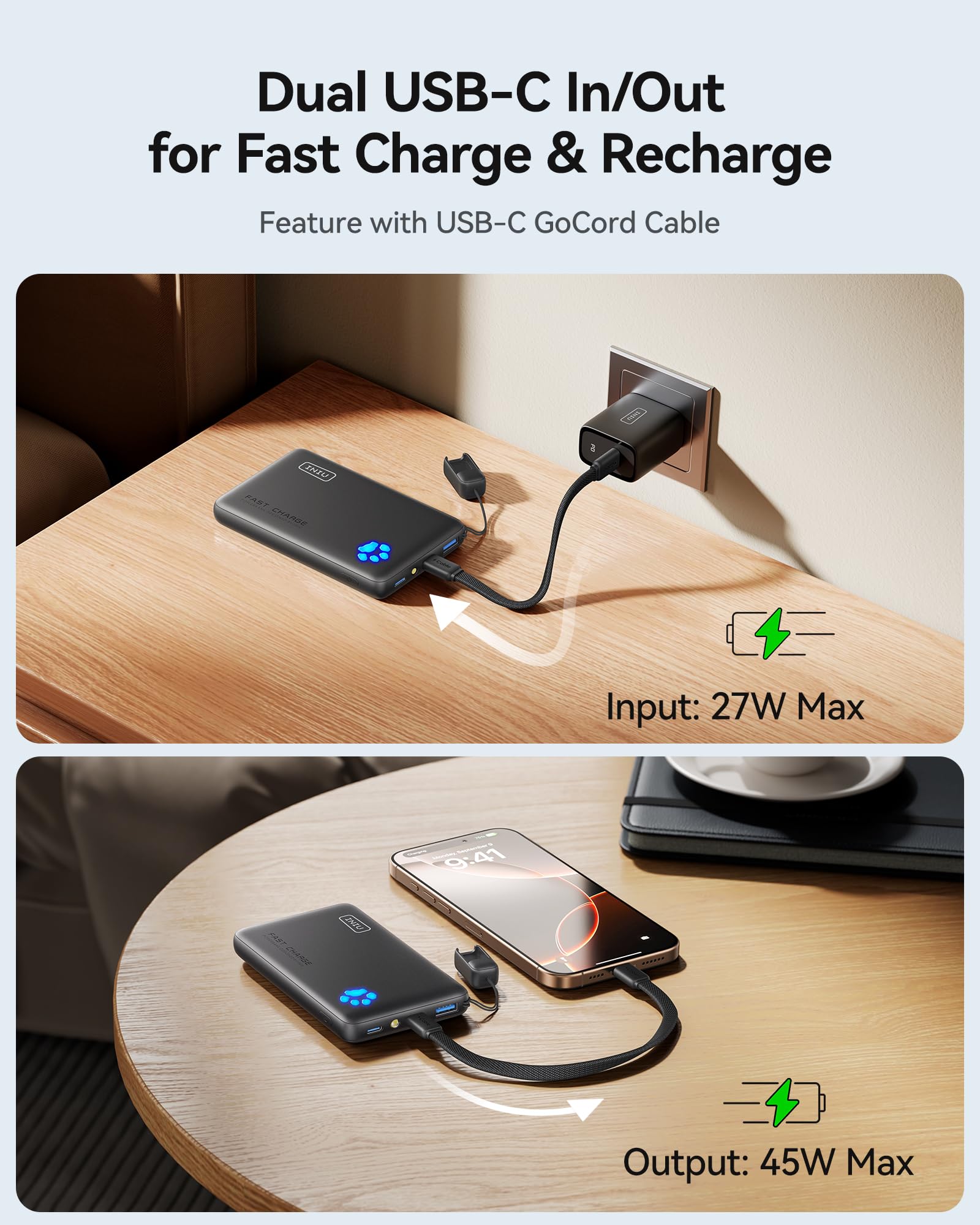 INIU 10000mAh Portable Power Bank 45W Fast Charging – Compact USB-C Power Bank for iPhone, Android & Travel