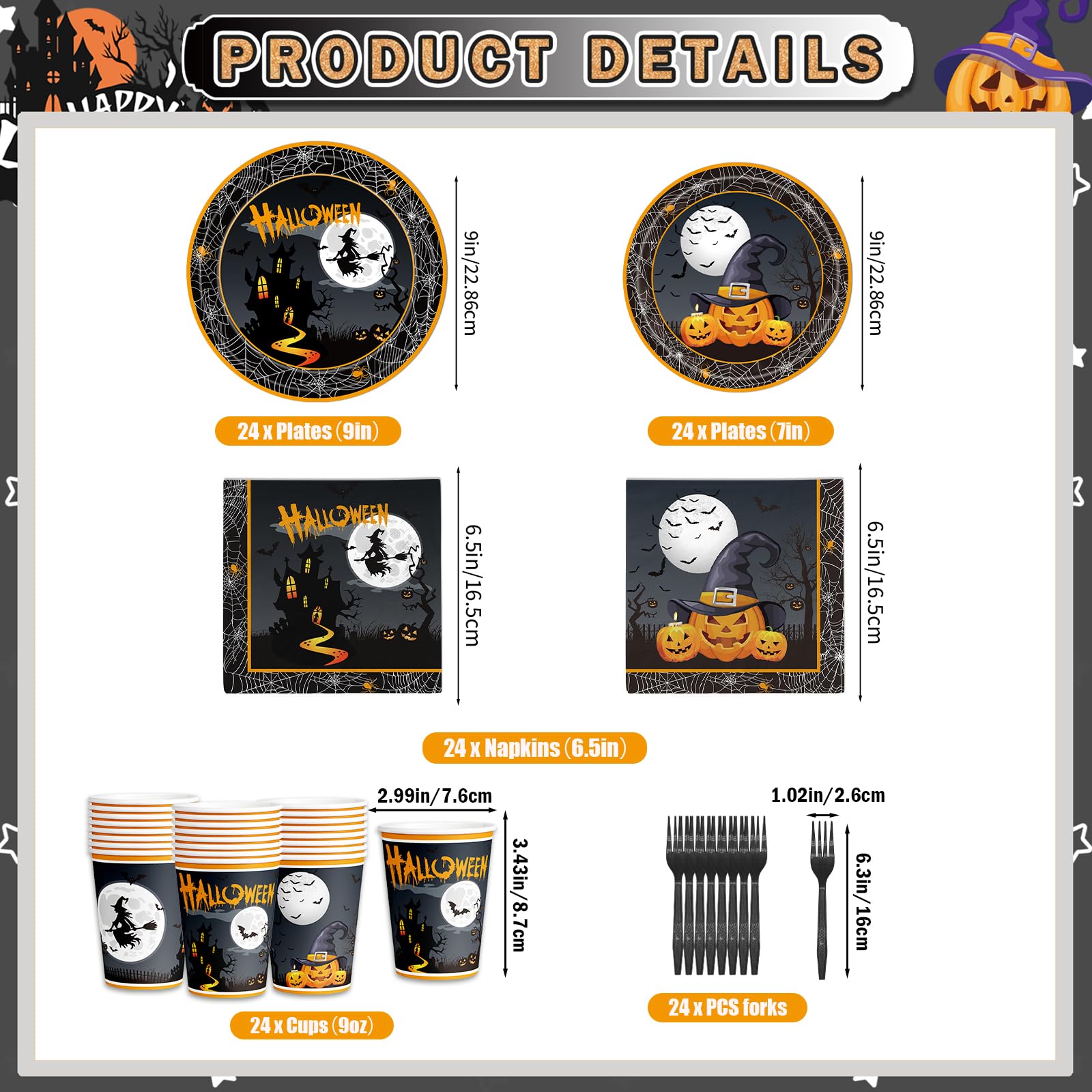Halloween Party Plates & Tableware Set – 120 Pcs Black Witch, Pumpkin & Castle Design for 24 Guests