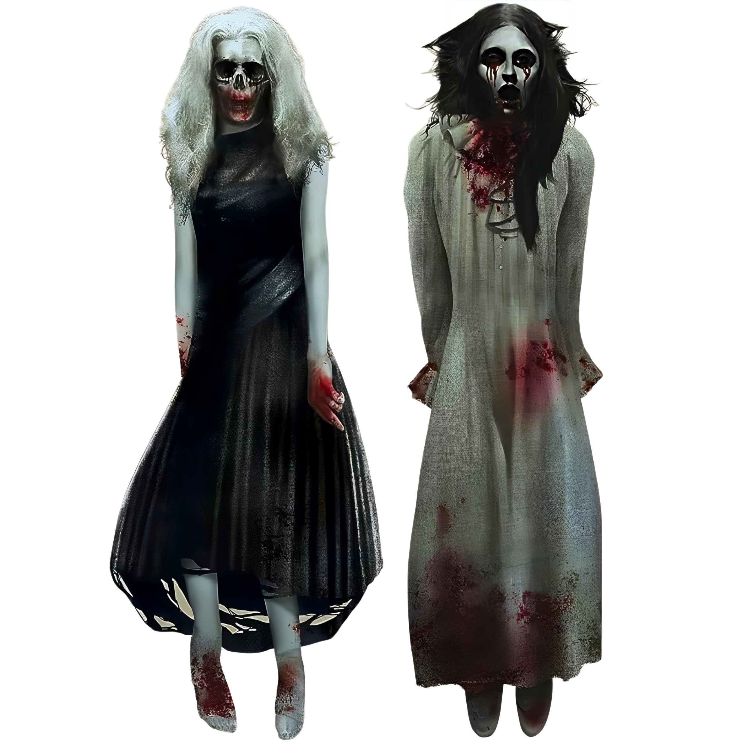 Haunting Ghost Girls Scene Setters – 2 Life-Size Plastic Wall Decorations for Spooky Halloween Parties (65"x33.5", 50 Pcs, Satin Greige)