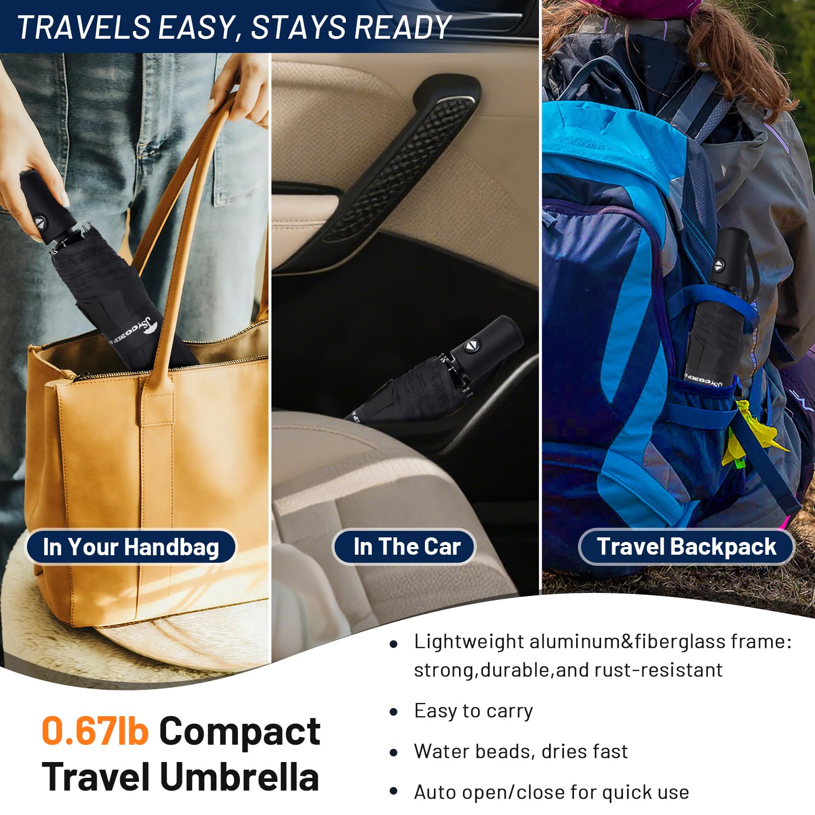 Compact Automatic Windproof Travel Umbrella – Waterproof UV Protection Folding Umbrella (Black)