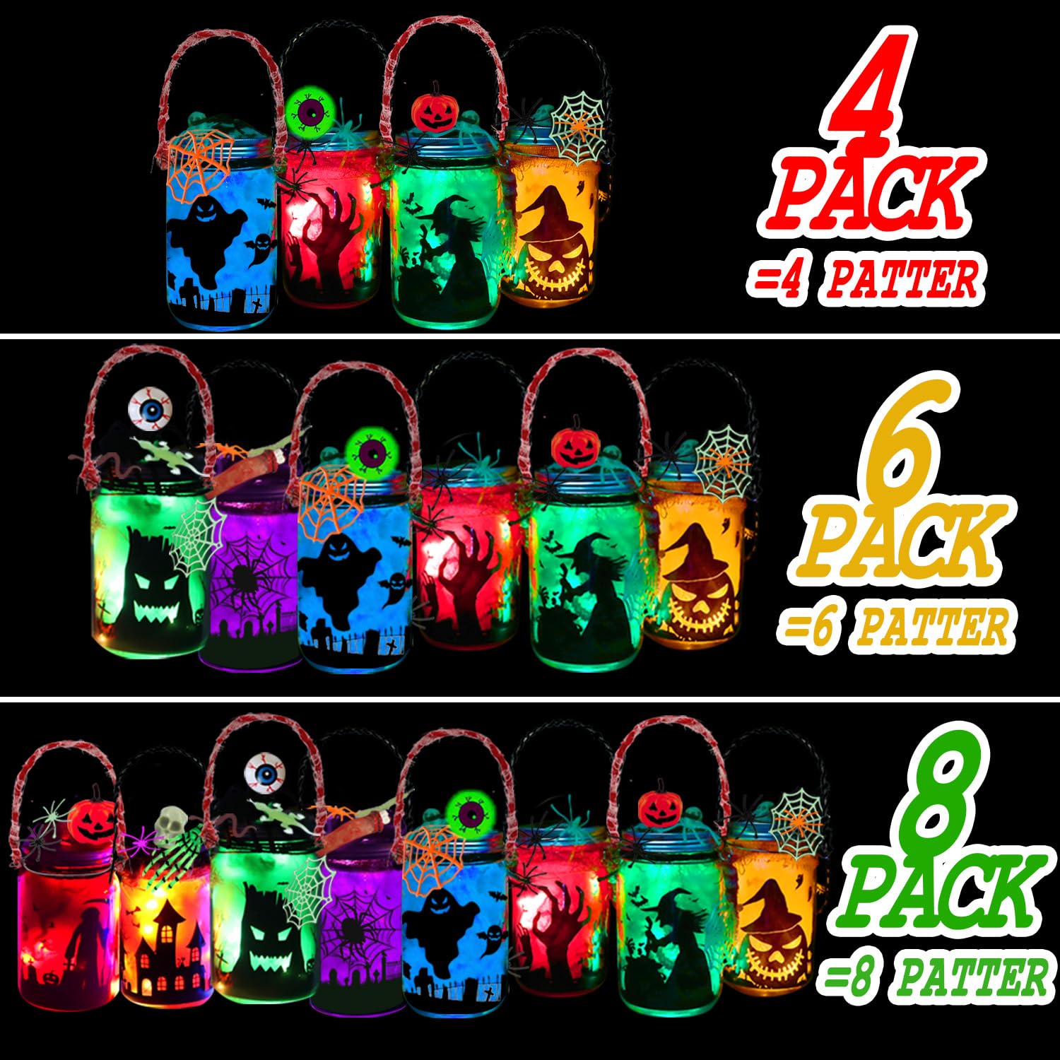 Halloween DIY Lantern Jar Craft Kit – 4 Mason Jars with Multicolor LED Lights & Spooky Silhouettes (Pumpkin, Witch, Cemetery, Ghost)