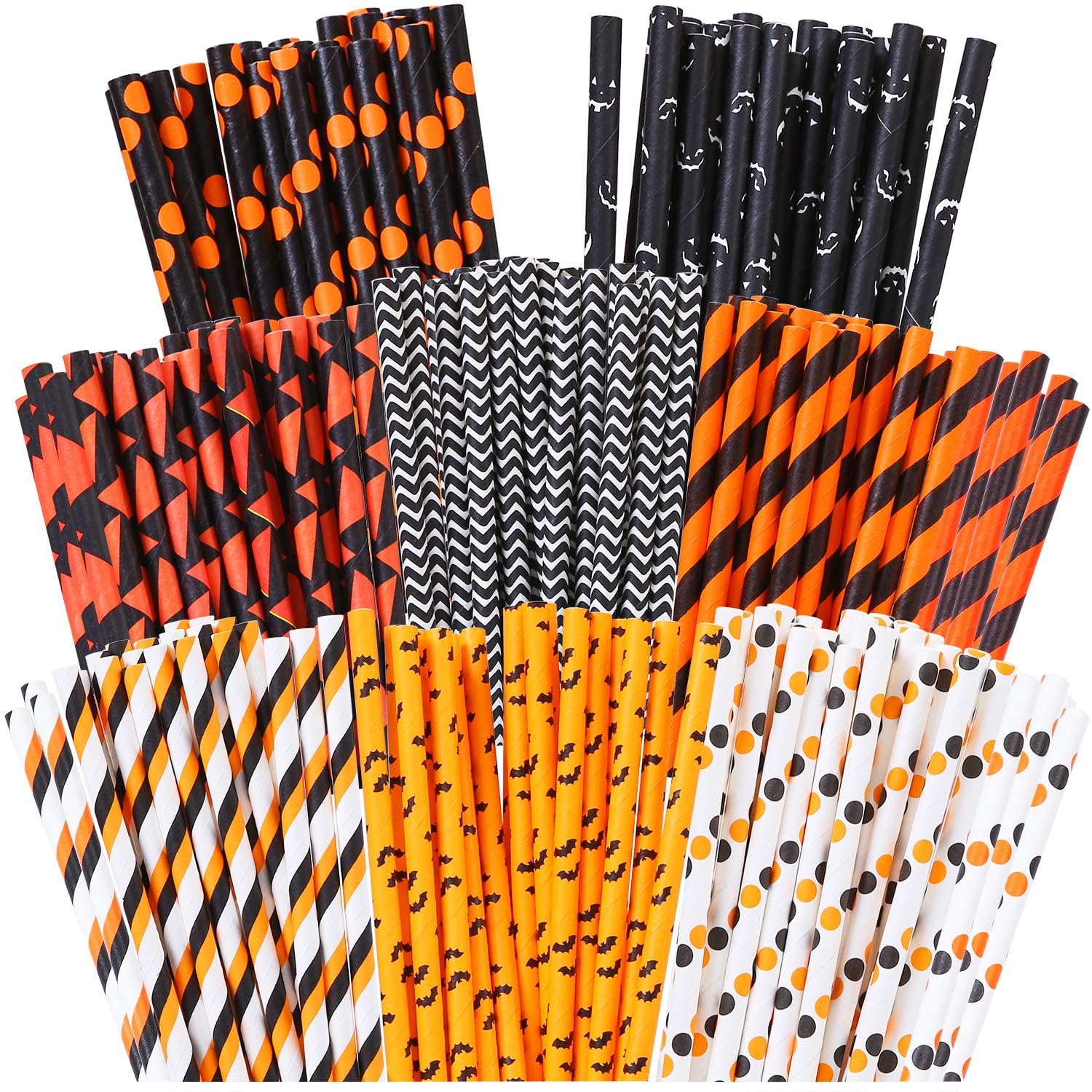 Halloween Paper Straws – 200-Pack Black, Orange & White Biodegradable Party Straws (8 Styles, Food-Grade Paper)