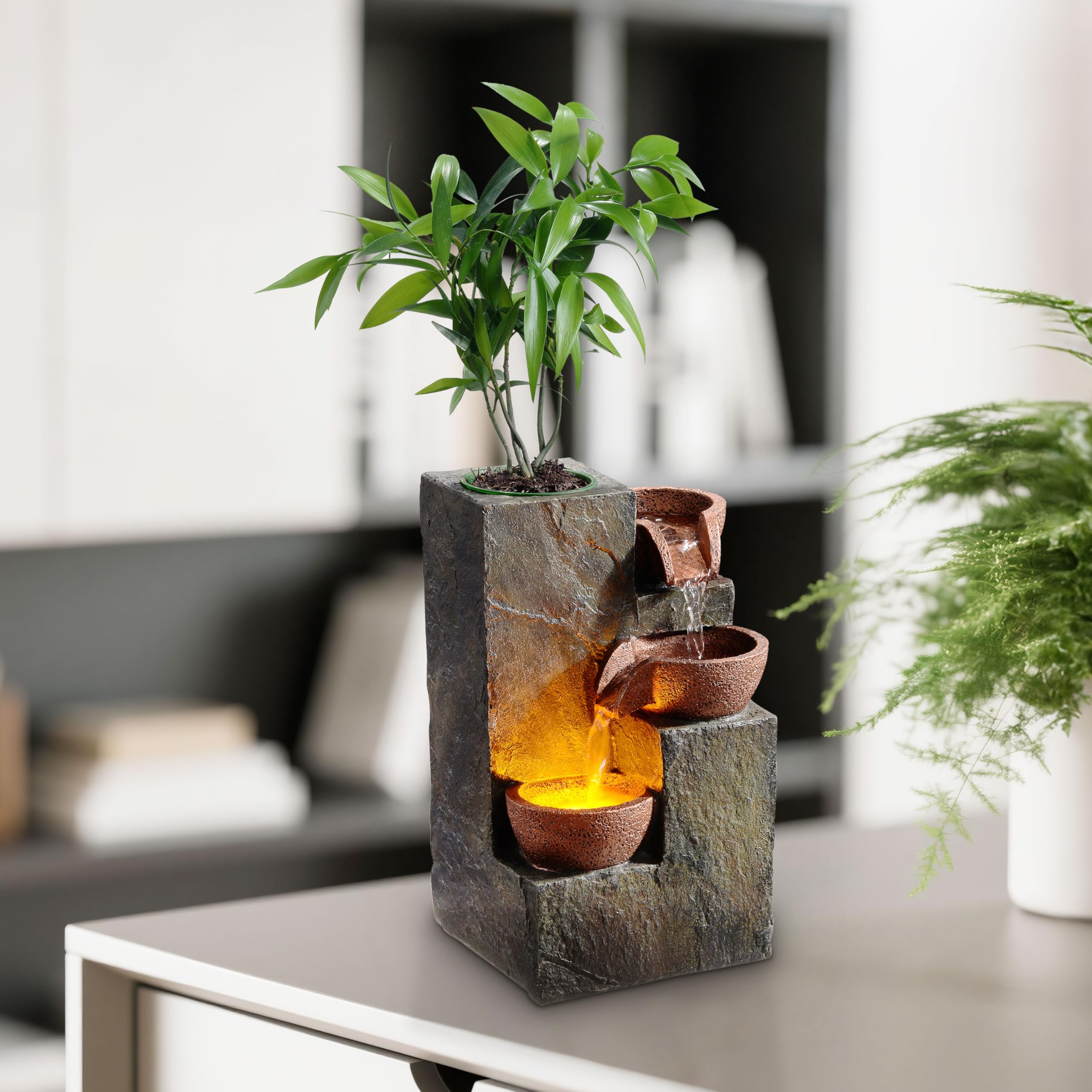 Three-Bowl Rock Tabletop Water Fountain with DIY Planter Basin & Warm LED Light (3-Bowl Rock)