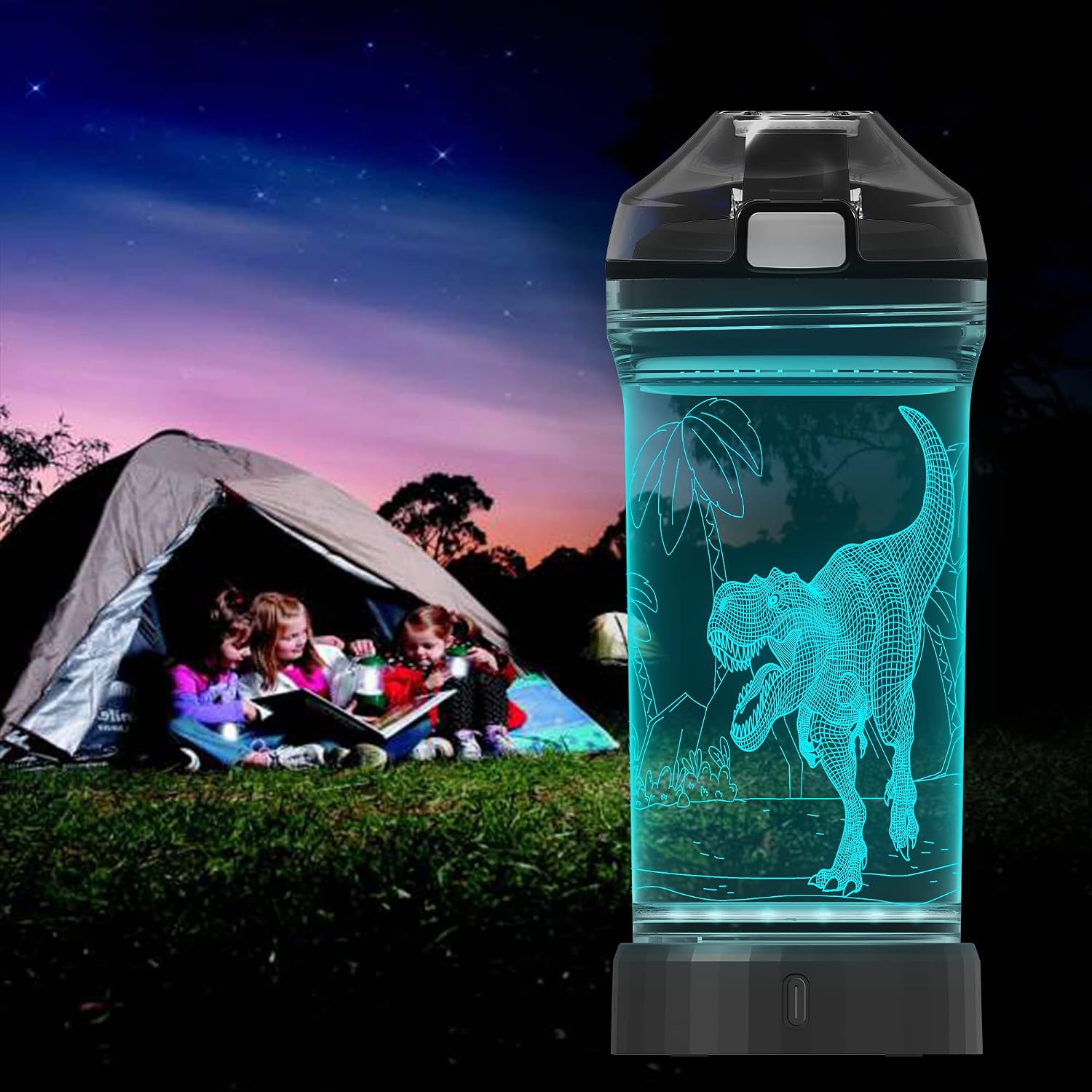 14 oz Kids Dinosaur Light-Up Water Bottle – BPA-Free Leakproof Tritan School Bottle with Carry Strap