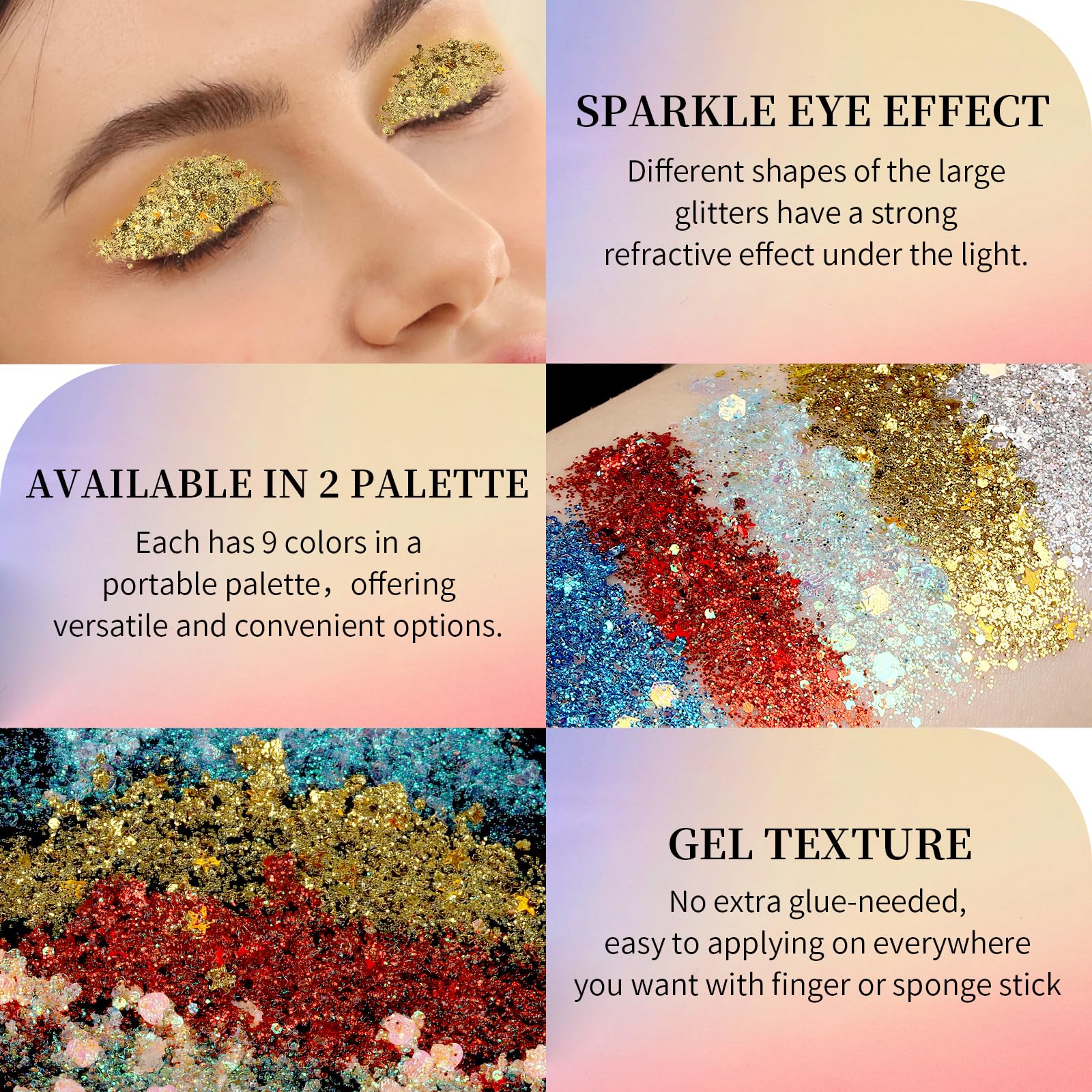 FANDAMEI 18-Color Glitter Gel Palette – No-Glue Body & Face Glitter Makeup for Festivals, Halloween & Parties