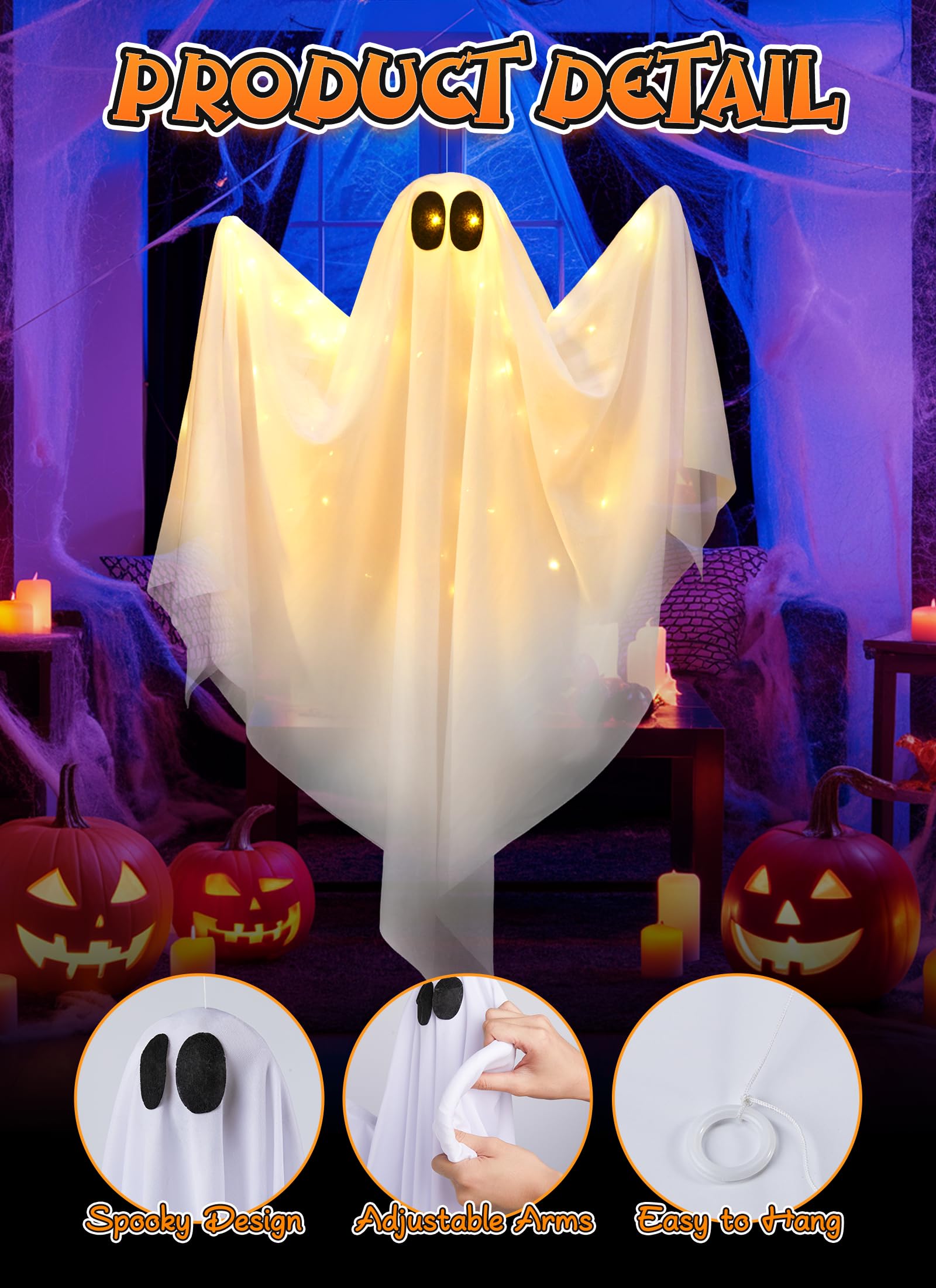 Brightown Halloween Hanging Ghost Lights with Voice Activated for Spooky Scream & Bobbing Motion, Halloween Decoration with Posable Arms for Indoor/Outdoor Party, Festival, Porch, Patio (Warm White)