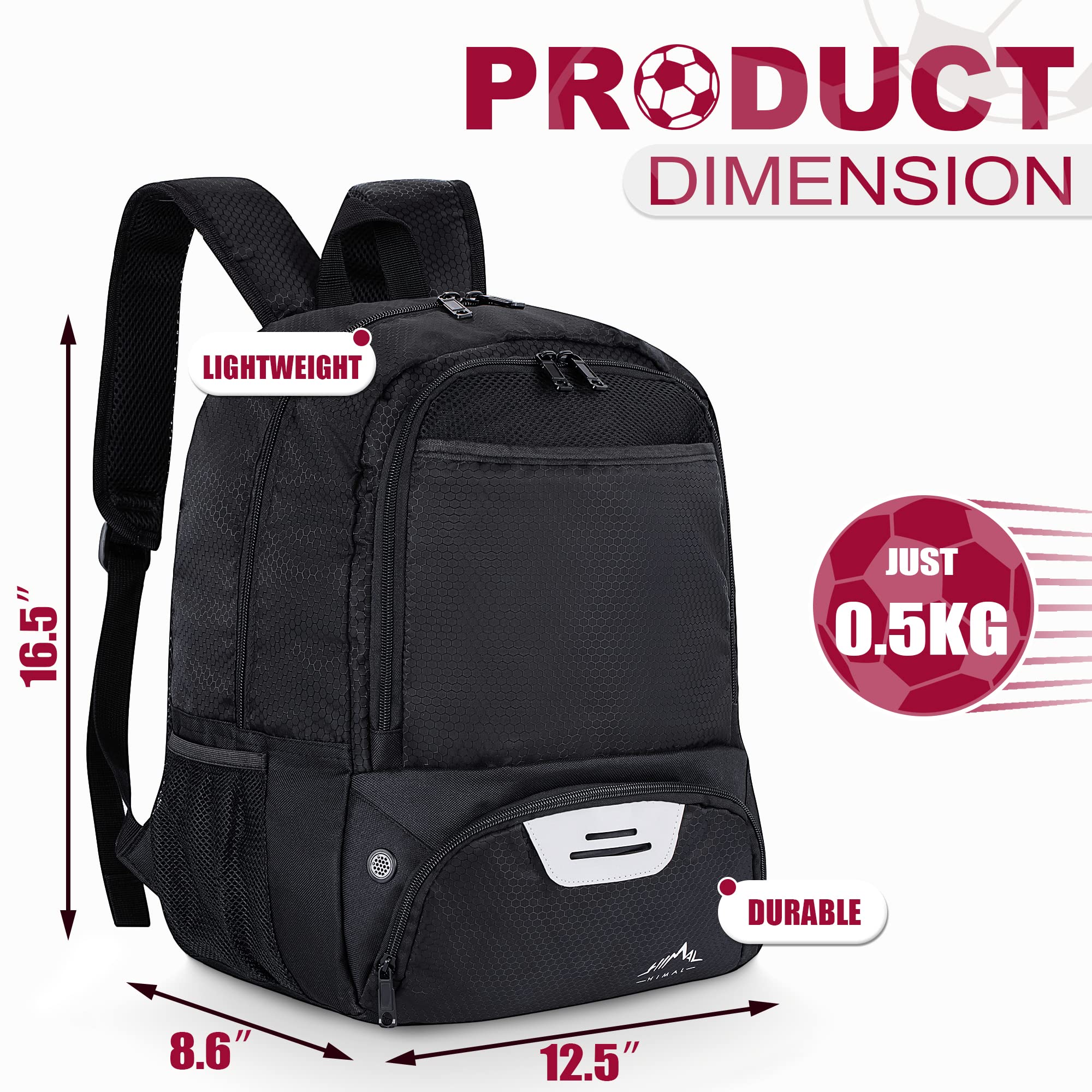 HIMAL OUTDOORS Soccer Backpack – Durable Sports Gear Bag with Ball Holder & Separate Cleat Compartment (Black)