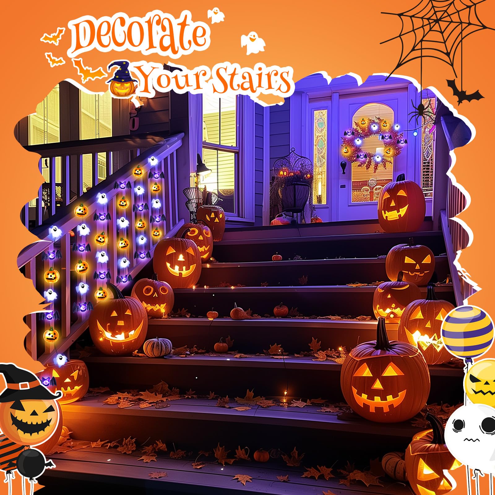 10Ft Halloween String Lights – 30 LED White, Yellow & Purple Pumpkin, Bat & Ghost Lights, Battery Operated