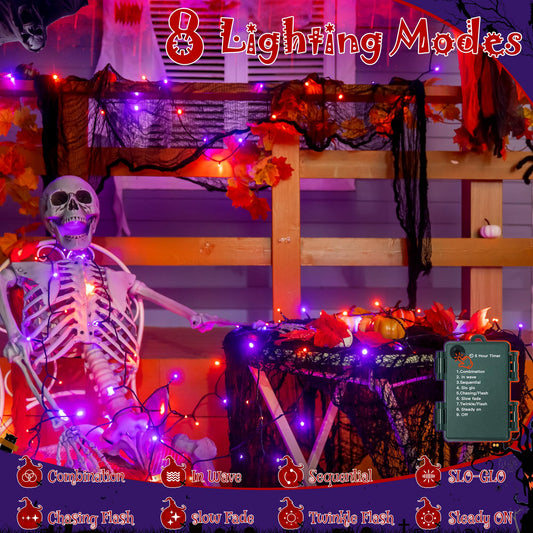 Halloween LED String Lights with Black Creepy Cloth – 50 LEDs Orange & Purple Lights, 8 Modes, Timer, Battery Powered (79 x 31 in)