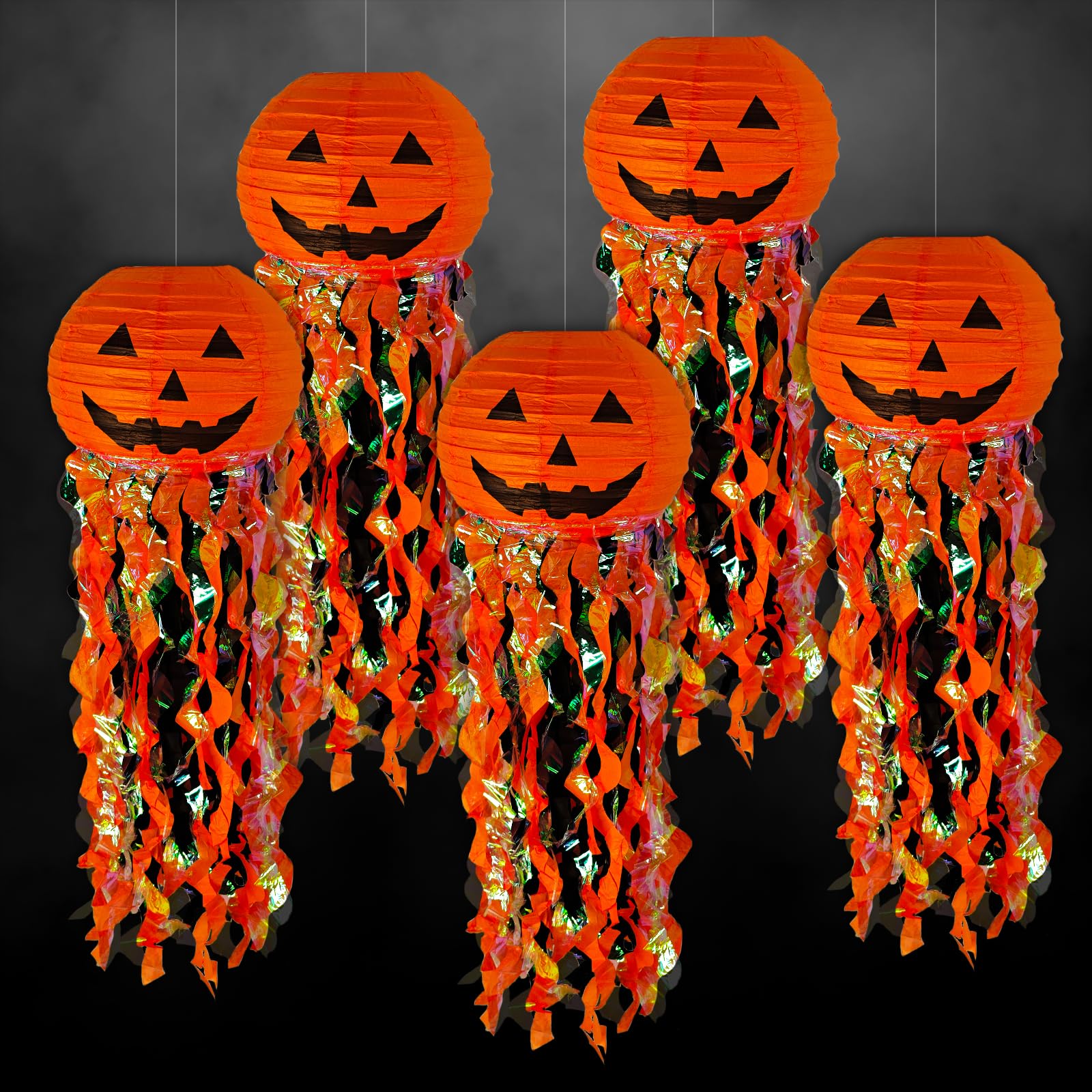 Halloween Pumpkin Paper Lantern Set – 5 Pack Orange & Black Hanging Party Decorations with Tassel Ribbons (Jellyfish Design)