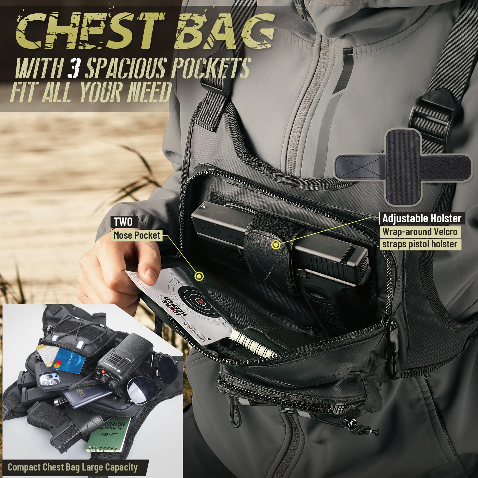 Tactical Chest Pack Rig for Men & Women – Adjustable Running & Outdoor EDC Vest (Black)