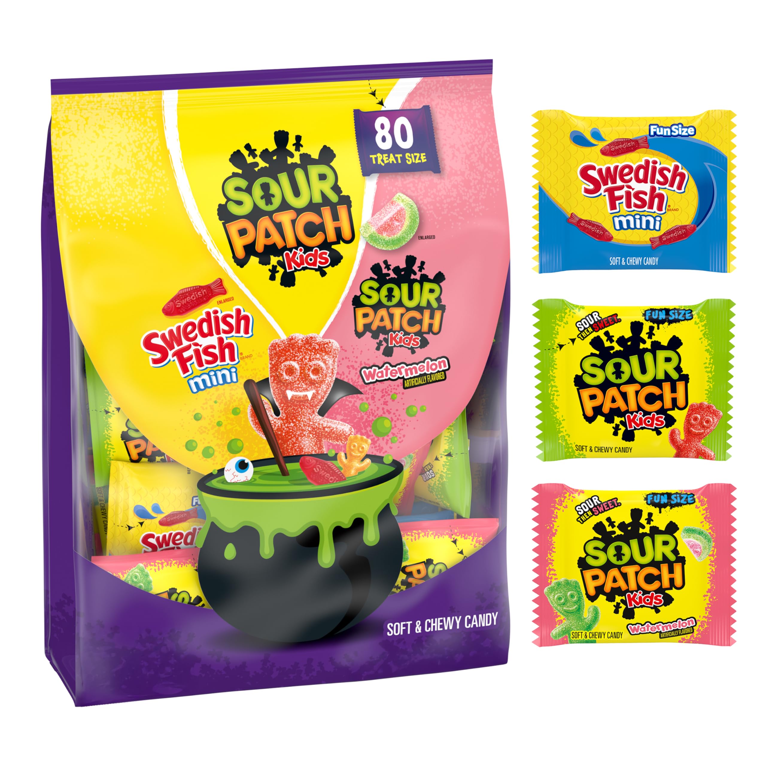 SOUR PATCH KIDS & SWEDISH FISH Halloween Variety Pack – 80 Treat-Size Bags of Sour & Sweet Gummy Candy