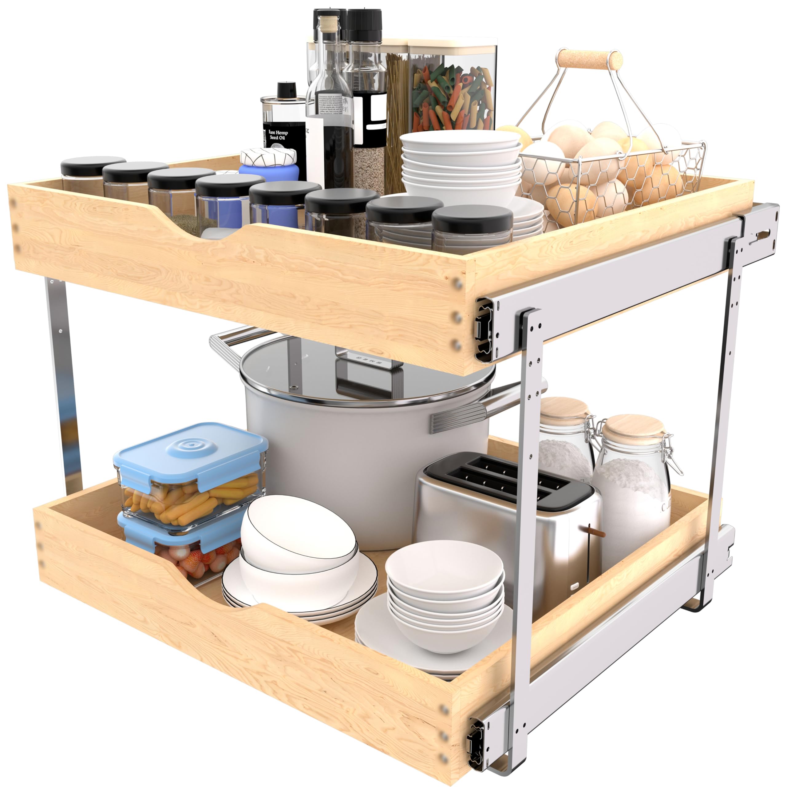 Jowboow 2-Tier Wooden Pull-Out Cabinet Shelves – Independent Slide-Out Drawers with Heavy-Duty Glide System