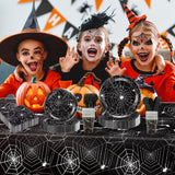 Halloween Party Supplies Set – 89 Pcs Black Spider Web Plates, Cups, Napkins & Tablecloth for Spooky Celebrations