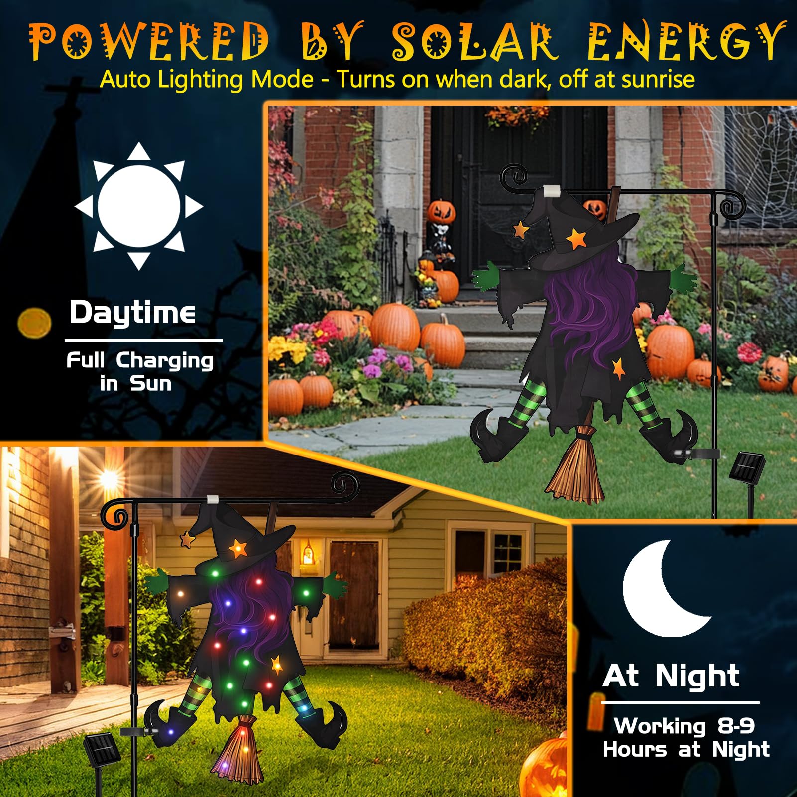 Solar Lighted Halloween Garden Flag – 23x16" Double-Sided Witch Design with 8 Lighting Modes & Weatherproof Fabric