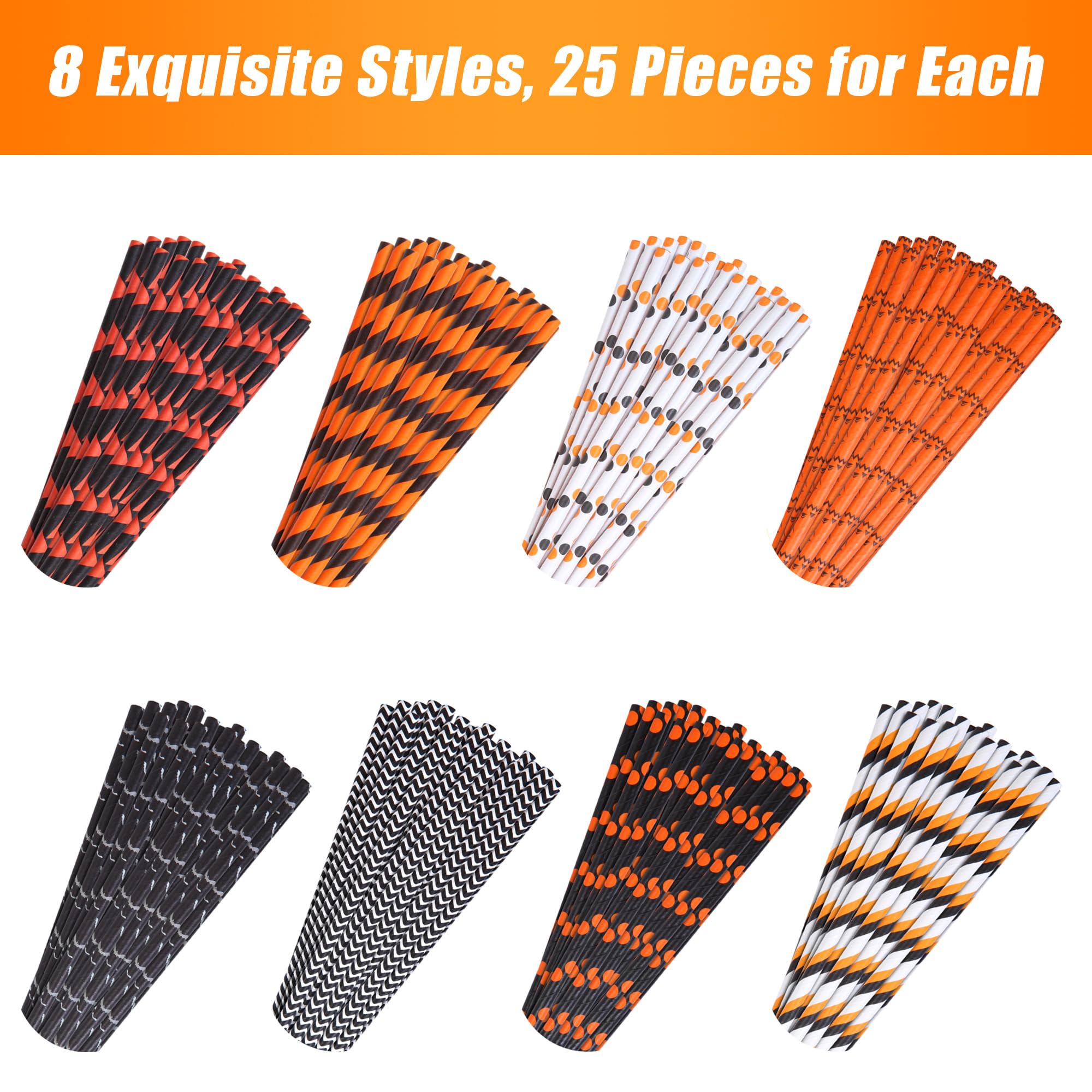 Halloween Paper Straws – 200-Pack Black, Orange & White Biodegradable Party Straws (8 Styles, Food-Grade Paper)