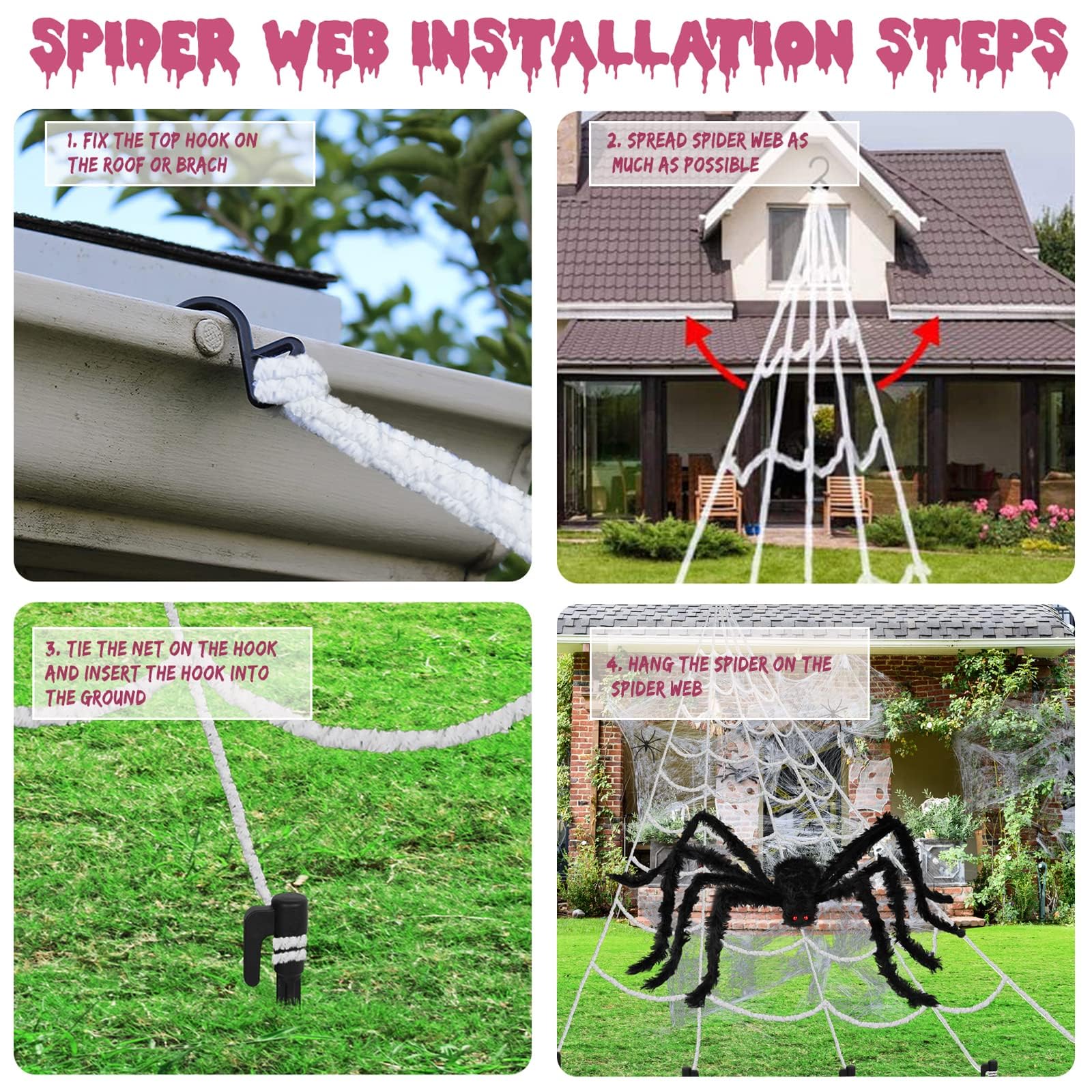 Giant Halloween Spider Web Decoration Set – 59" Hairy Spider + 200"x188" Triangular Web with Hooks & Stakes (Black & White)