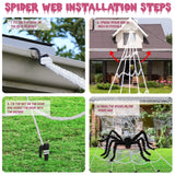 Giant Halloween Spider Web Decoration Set – 59" Hairy Spider + 200"x188" Triangular Web with Hooks & Stakes (Black & White)