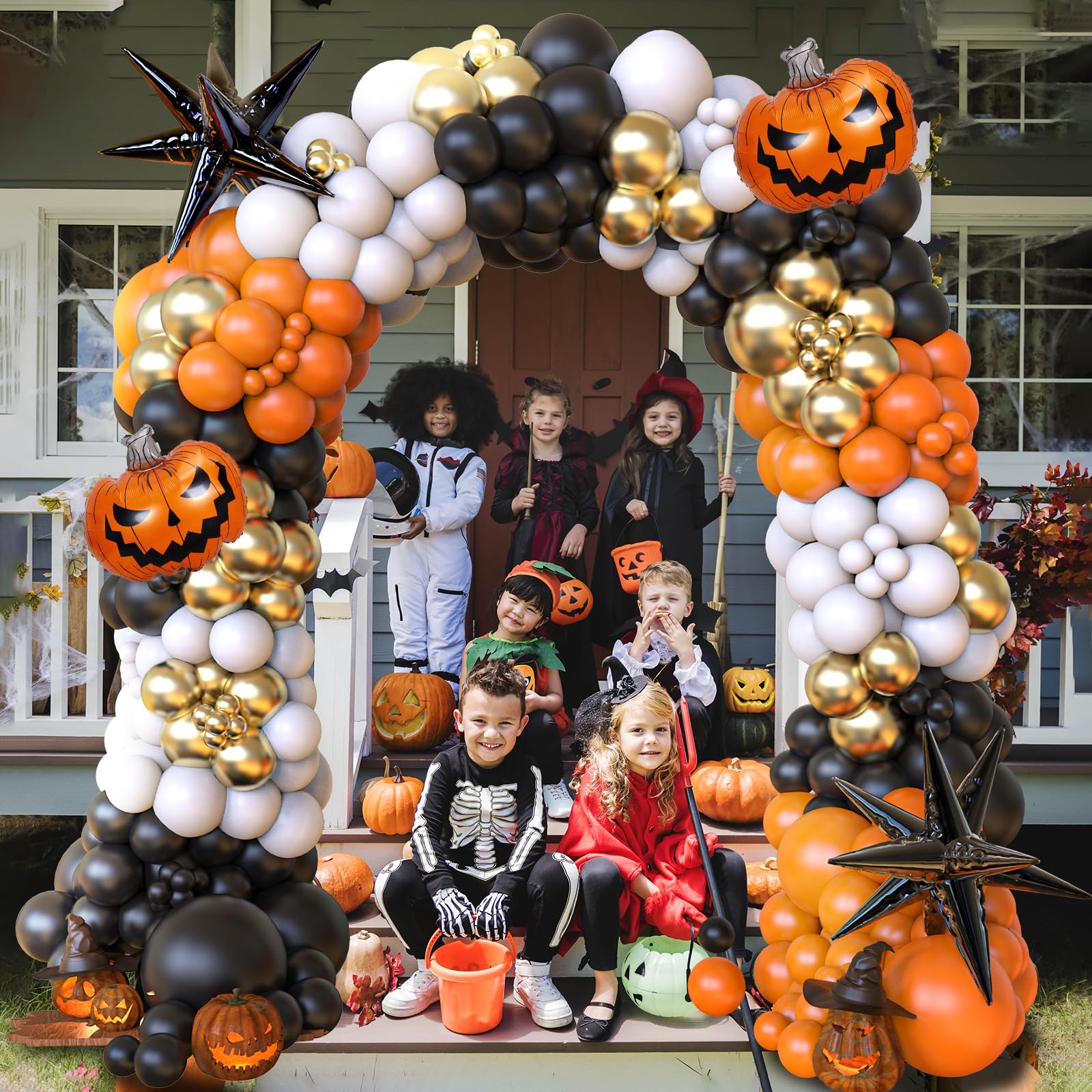 Halloween Balloon Arch Kit – 122 PCS Black, Orange, Sand & White Party Garland Set with Pumpkins & Starburst Balloons