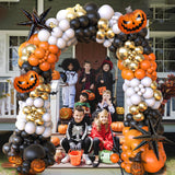 Halloween Balloon Arch Kit – 122 PCS Black, Orange, Sand & White Party Garland Set with Pumpkins & Starburst Balloons