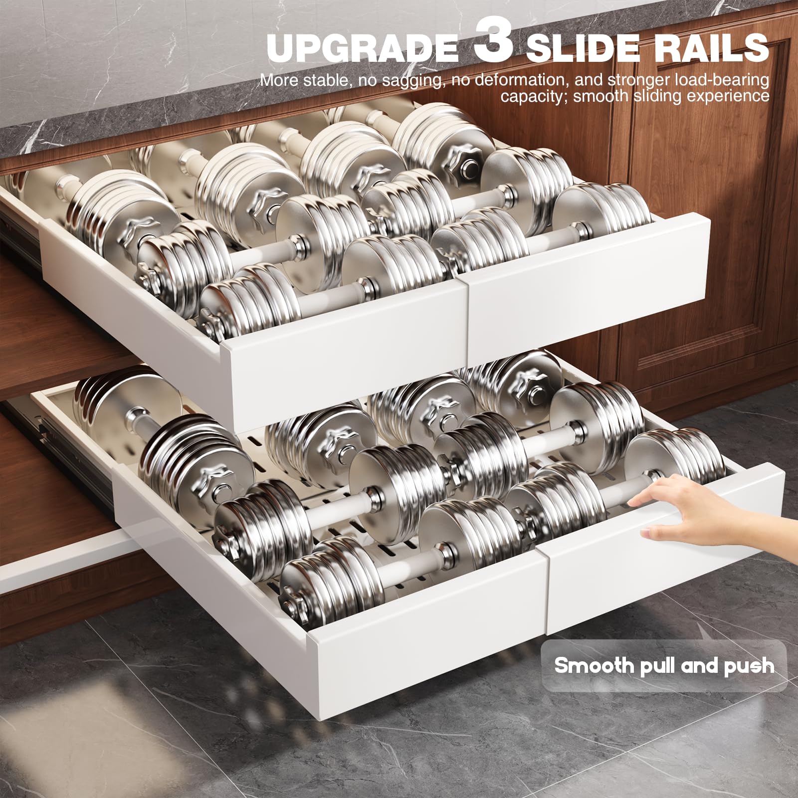 Expandable Pull-Out Cabinet Organizer – Adjustable Width & Depth Slide-Out Drawer with Raising Pads (White, 2-Pack)