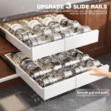 Expandable Pull-Out Cabinet Organizer – Adjustable Width & Depth Slide-Out Drawer with Raising Pads (White, 2-Pack)