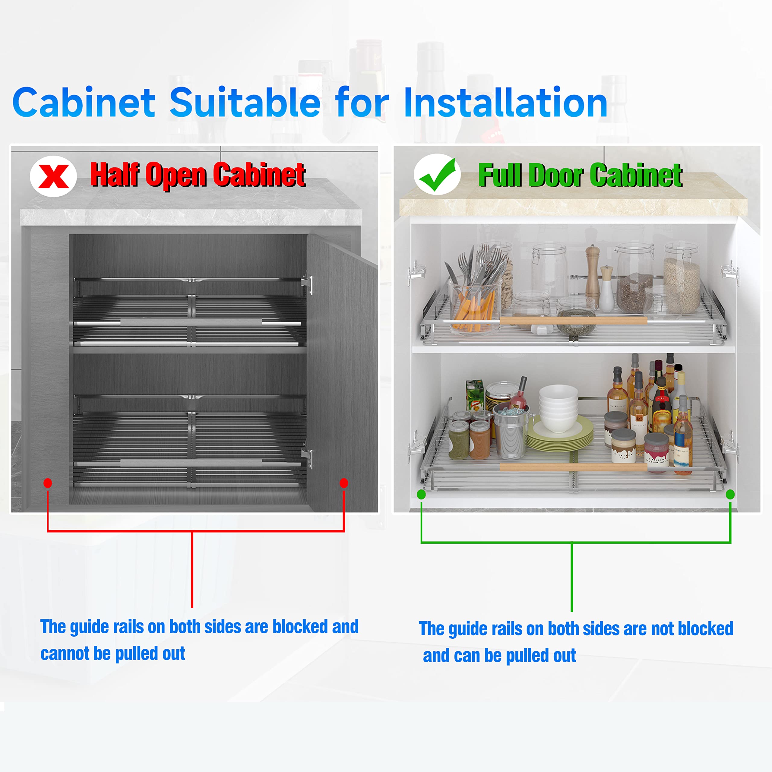 Expandable Stainless Steel Pull-Out Cabinet Organizer – Adjustable Width & Height Slide-Out Shelves (2 Pack)