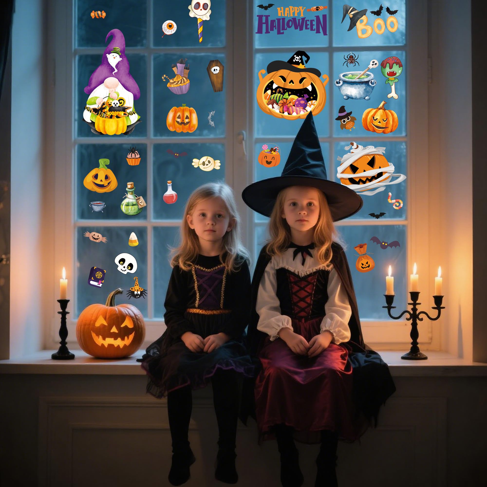 9 Sheets Halloween Window Clings Cute Window Stickers for Home Party Supplies Halloween Decoration with Pumpkin Bat Ghosts Witch for Home/Office/School Windows