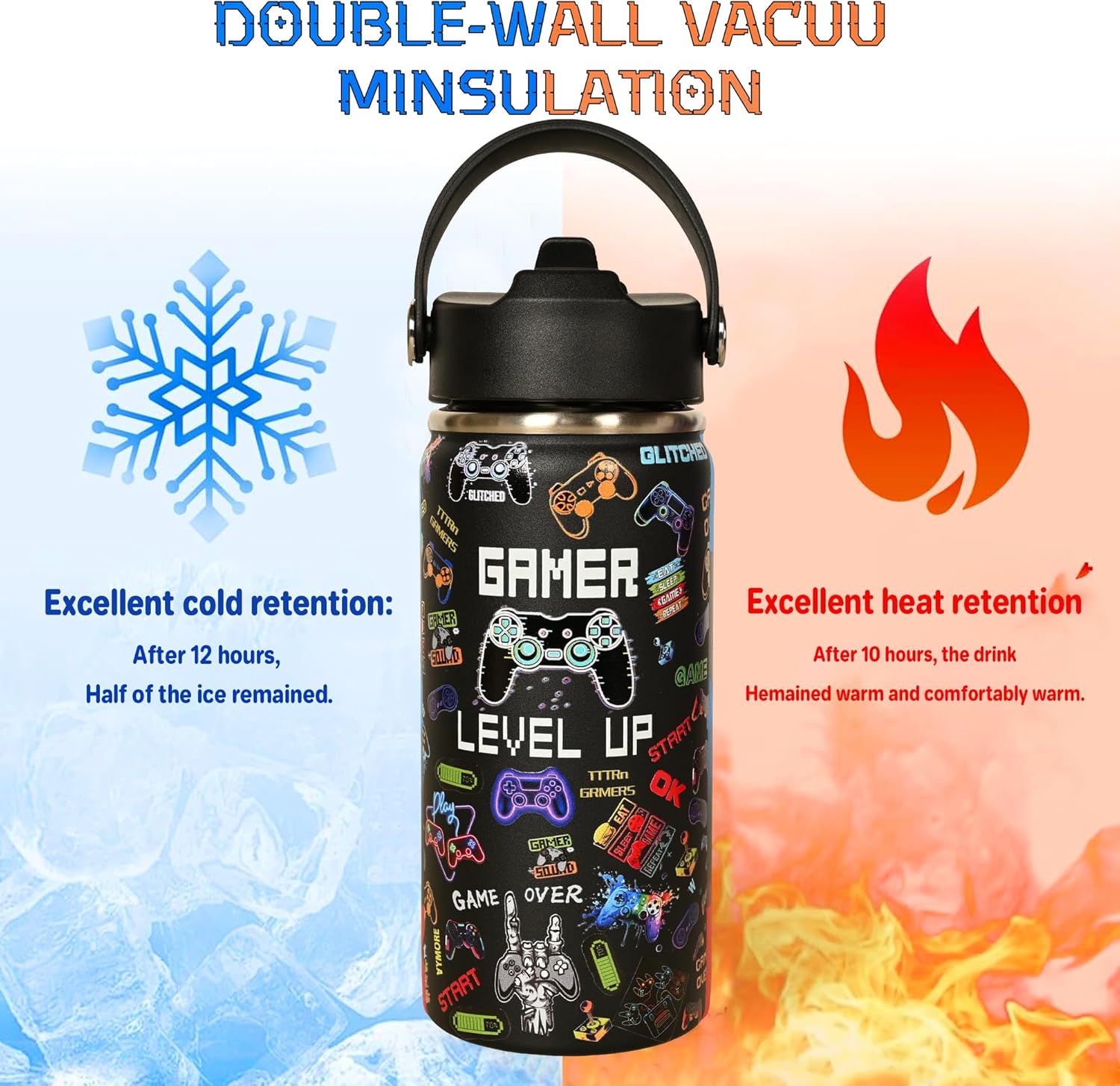 16 oz Kids Insulated Water Bottle with Straw – Leakproof Stainless Steel Gaming School Bottle with Carry Handle