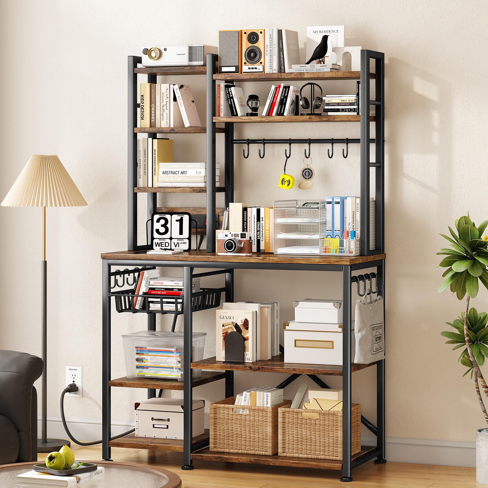 Kitchen Baker’s Rack with Power Outlets – Rustic Brown Microwave Stand, Coffee Bar Station with Shelves, Hooks & Basket