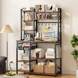 Kitchen Baker’s Rack with Power Outlets – Rustic Brown Microwave Stand, Coffee Bar Station with Shelves, Hooks & Basket