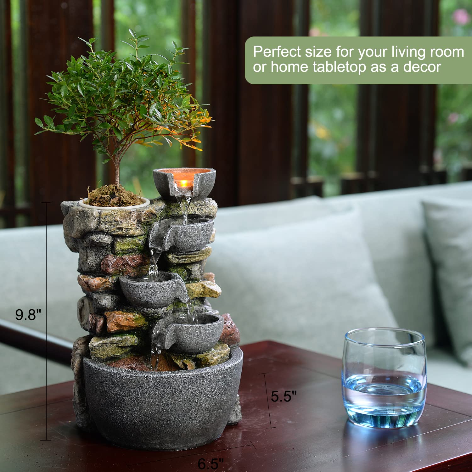 4-Bowl Rockery Tabletop Water Fountain with LED & Self-Watering Plant Pot (Indoor Zen Garden)