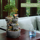 4-Bowl Rockery Tabletop Water Fountain with LED & Self-Watering Plant Pot (Indoor Zen Garden)